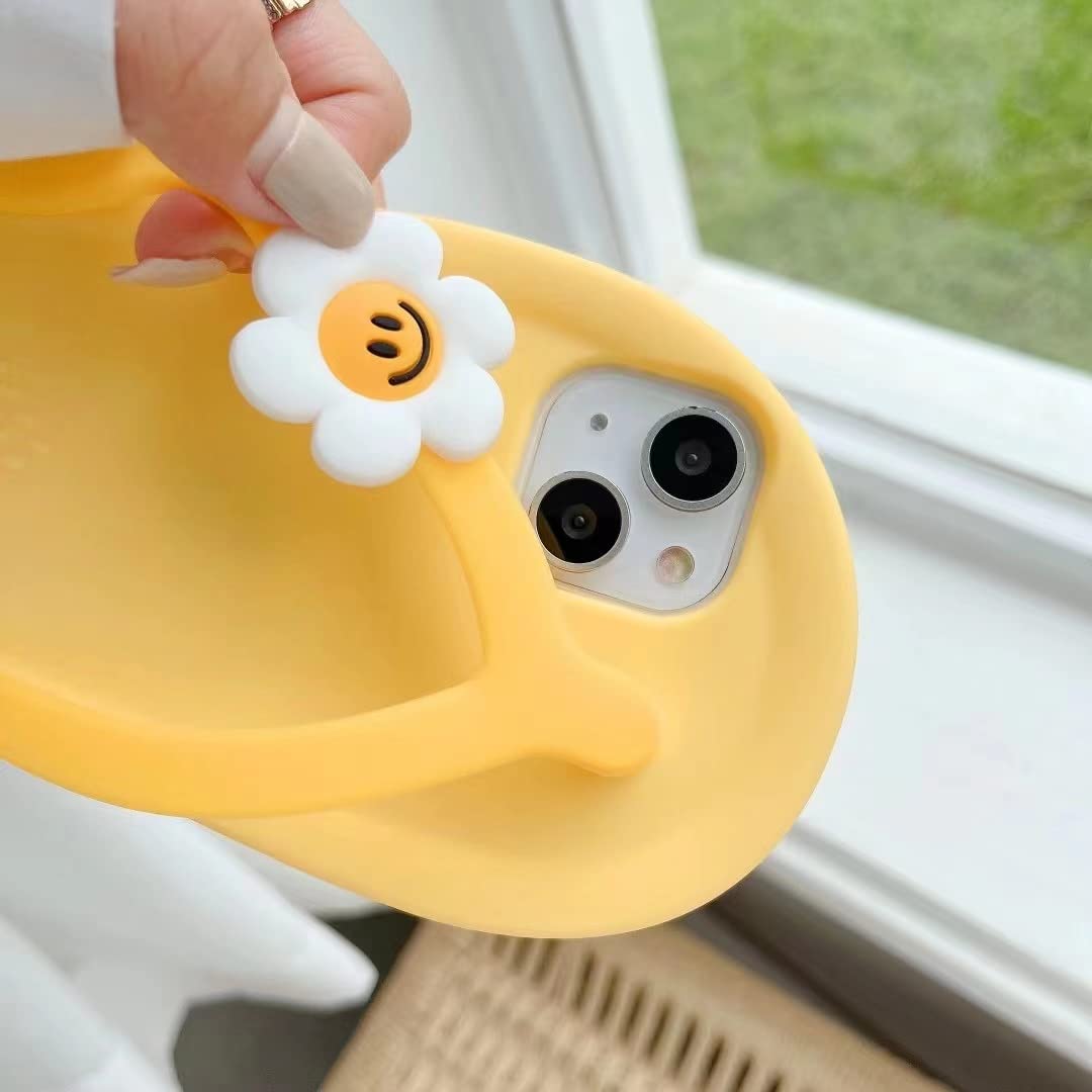 Yatchen Cute Cartoon Yellow Slippers & Flower Flip Flops 3D Soft Silicone Phone Case for iPhone 13 - Kawaii Design, Protective Cover for Women & Girls - Perfect for Summer, Beach Days, and Casual Outings
