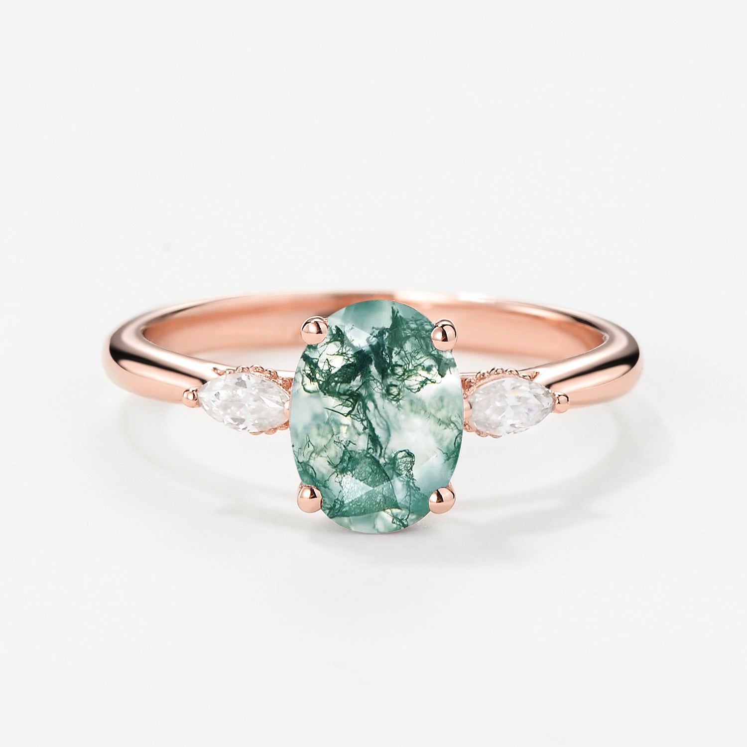 Oval Moss Agate Hidden Halo Three Stone Engagement Ring - Vintage Inspired Wedding Band for Women - Perfect for Proposals, Anniversaries & Romantic Occasions