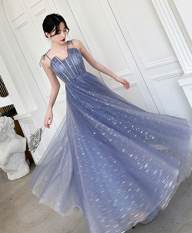 Elegant Blue Tulle Long Prom Dress for Women - Formal Evening Gown for Homecoming, Ball, and Special Occasions