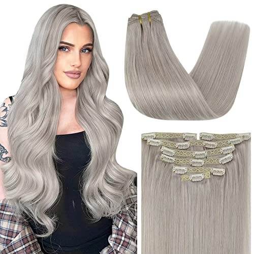 Sunny Clip-in Human Hair Extensions - 22 Inch Gray (7 Pieces, 120g) Double Weft Hair Extensions for Women | Perfect for Volume Boost, Styling & Special Occasions