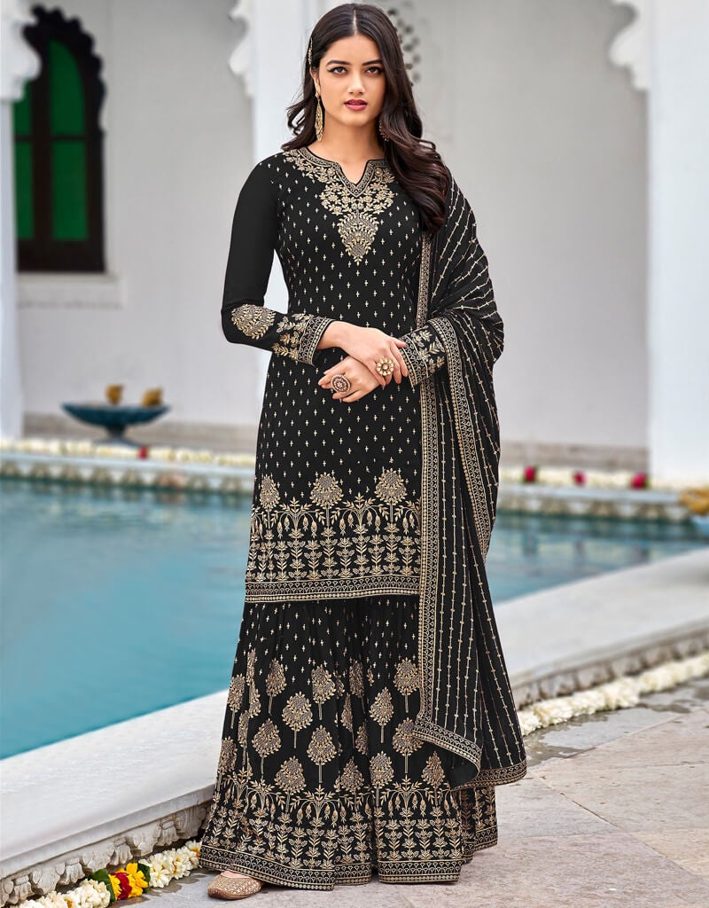 Elegant Black Palazzo Style Salwar Suit - Faux Georgette Fabric for Women's Ethnic Wear | Perfect for Weddings, Parties & Festive Occasions