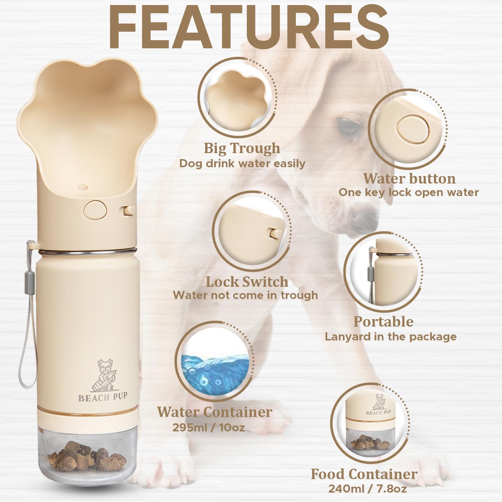 Stainless Steel Portable Dog Water Bottle with Food Container - 10 oz Leak-Proof Pet Water Dispenser with Bowl - Cream Color for Outdoor Hiking, Travel & Walks