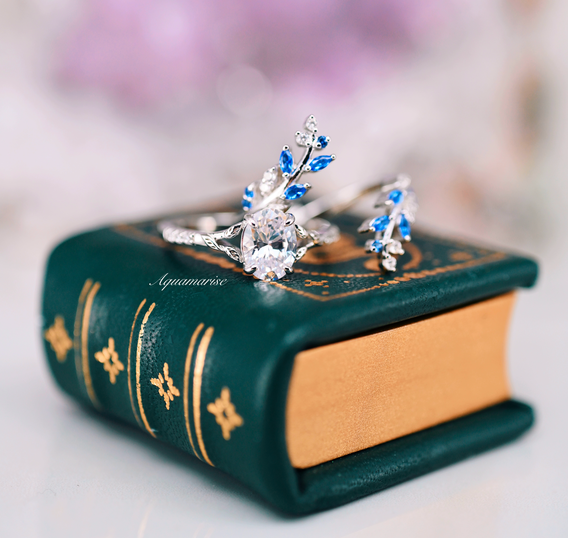 Exquisite Blue Sapphire & Moissanite Leaf Engagement Ring Set in 14K White Gold – Perfect for Proposals, Anniversaries & Special Occasions