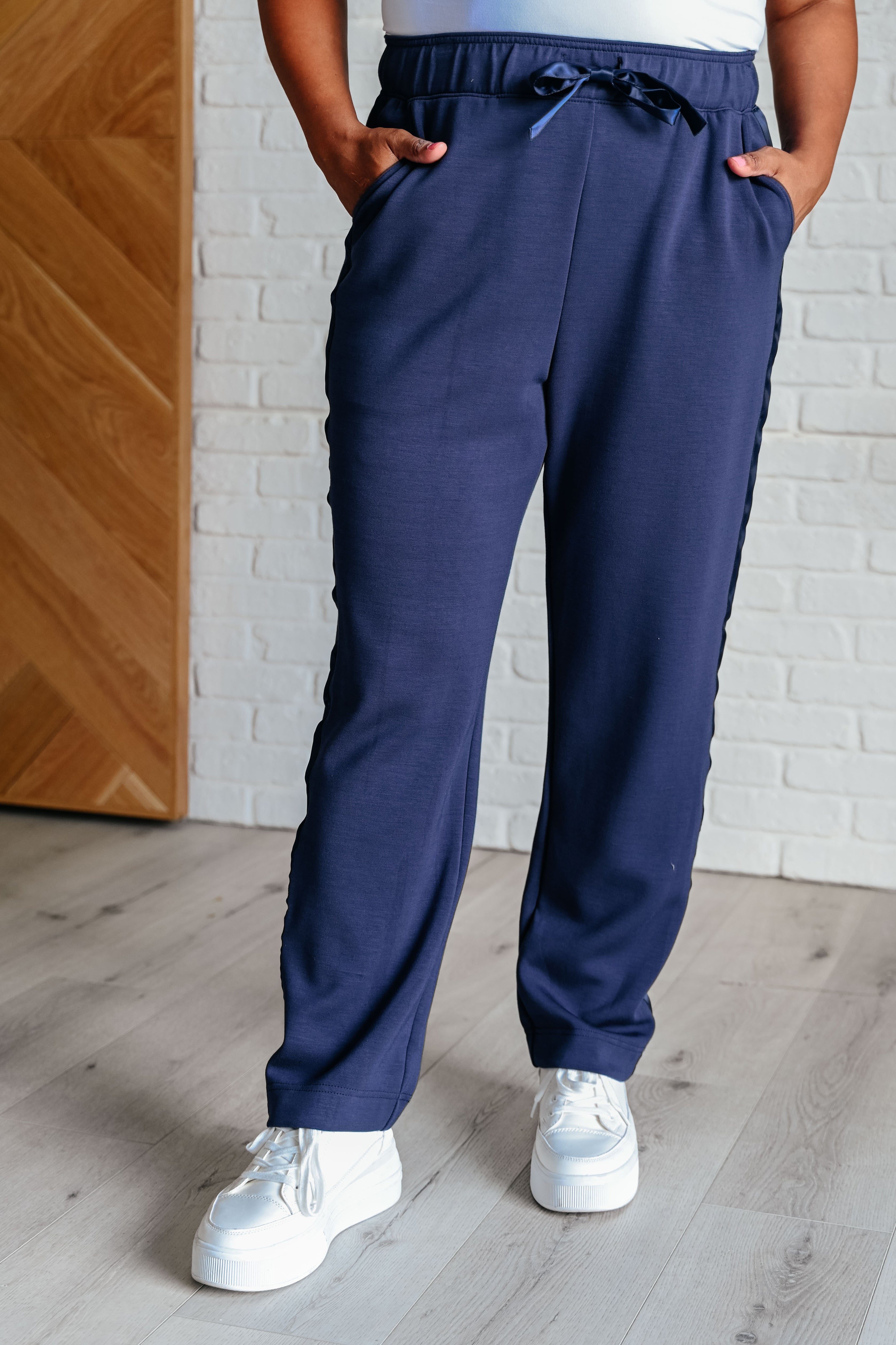 Lysa Women's Satin Striped Lounge Pants - Soft Comfortable Sleepwear & Yoga Pants in Smoky Navy - Perfect for Relaxing at Home, Lounging & Travel