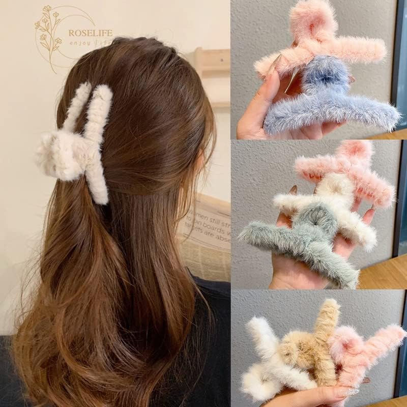 THE GLAM NIYATI Set of 4 Korean Fur Hair Claw Clips for Women & Girls - Trendy Hair Styling Accessories in Assorted Colors | Perfect for Parties, Weddings & Everyday Fashion