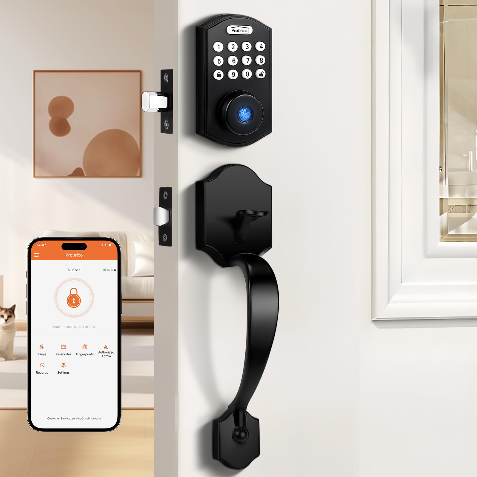 Probrico Smart Keyless Entry Door Lock - Keypad & Fingerprint Deadbolt with Handle for Front Door | Secure & Convenient Smart Locks for Home, Office & Vacation Rental Properties