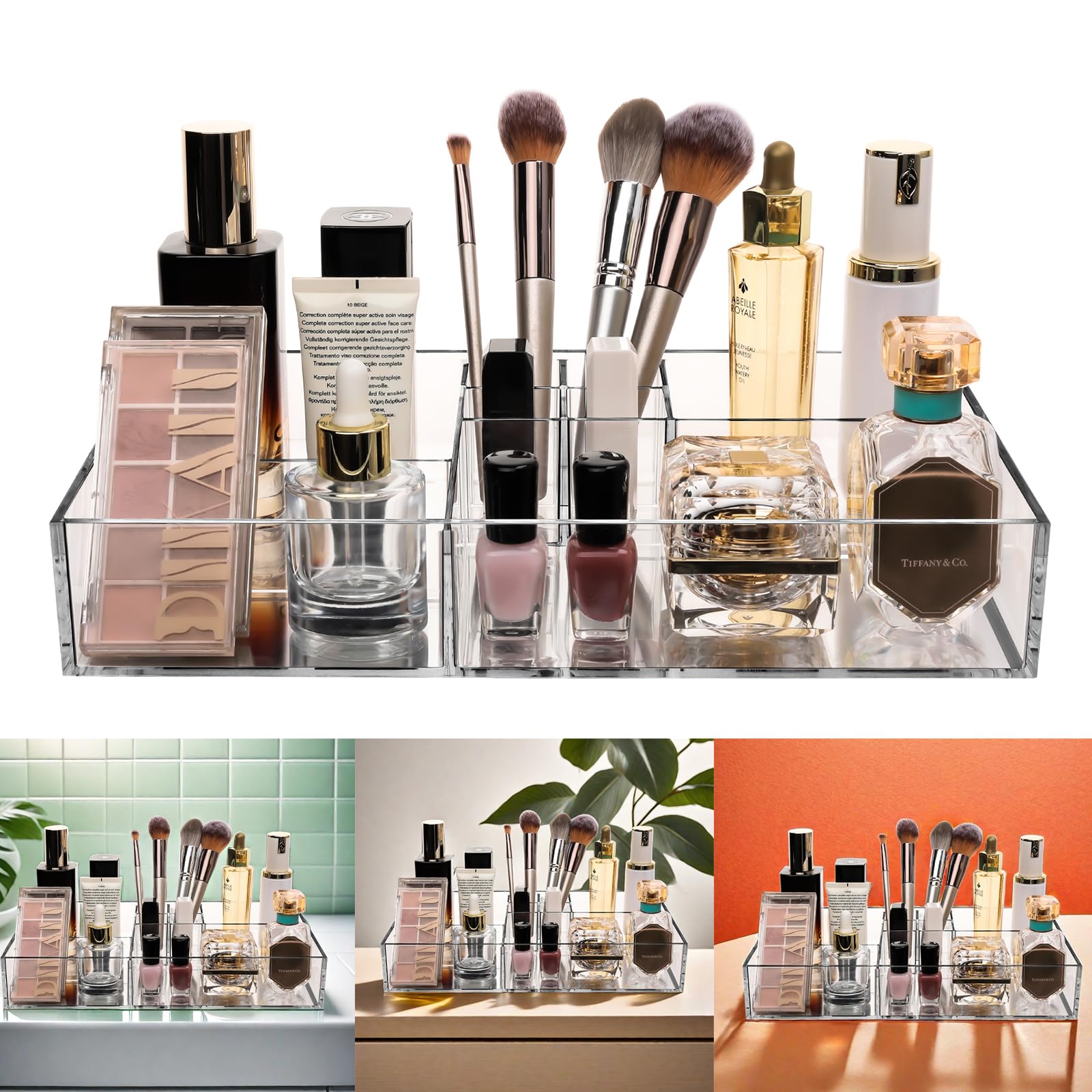 Clear Large Makeup Organizer with 8 Divided Cosmetic Slots - Countertop Vanity Storage for Bathroom, Dresser & Drawer Organization | Perfect for Cosmetic Display, Travel & Daily Beauty Routine