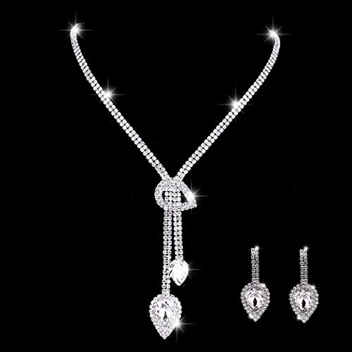 Yokawe Silver Rhinestone Bridal Wedding Necklace & Earrings Set - Crystal Y-Shape Pendant Jewelry for Women & Girls | Perfect for Brides, Prom, Anniversary & Special Occasions