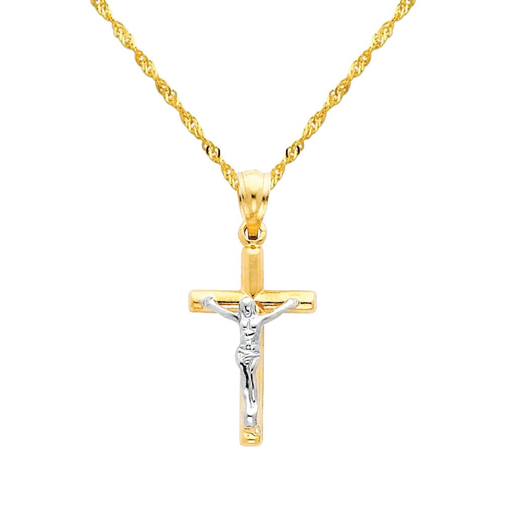 14K Two-Tone Gold Jesus Cross Pendant with 1.2mm Singapore Chain Necklace - Religious Jewelry for Men & Women - Perfect for Baptism, First Communion & Daily Faith Inspiration
