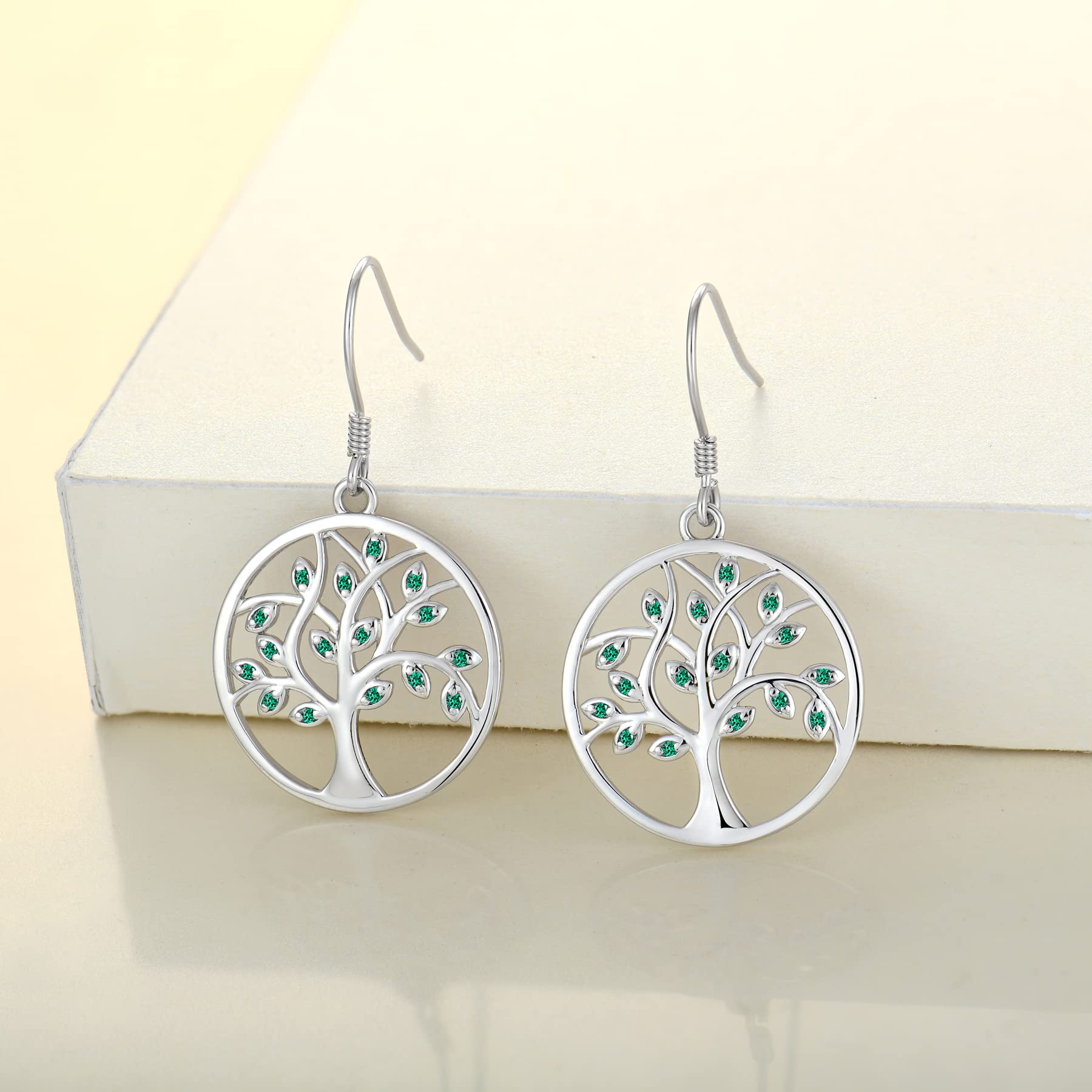 YL Sterling Silver Tree of Life Earrings with Round Birthstone - Dangle Drop Hook Jewelry for Women | Perfect for Everyday Wear, Gift Giving & Boho Fashion