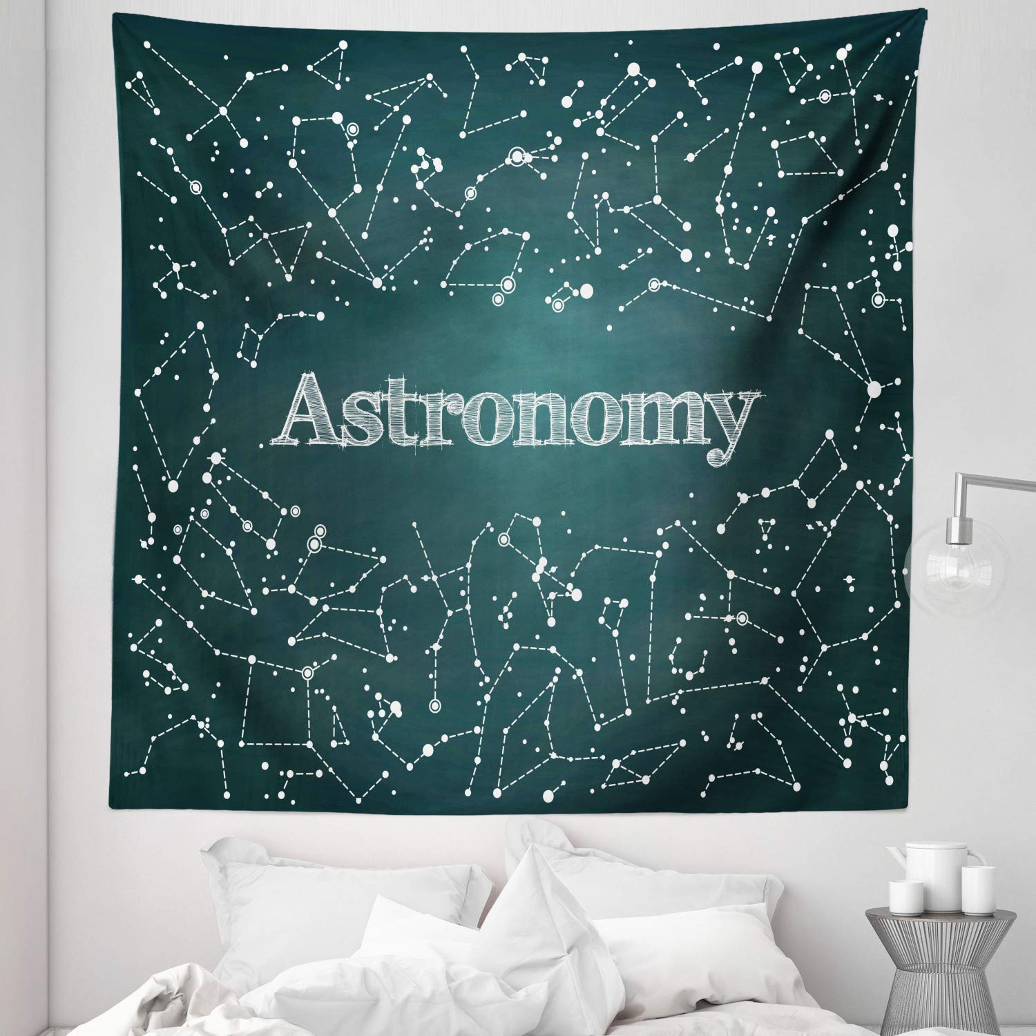 Ambesonne King Size Constellation Tapestry - Astronomy Star Map Wall Hanging for Bedroom Decor | Scientific Chalkboard Design with Detailed Star Clusters | 88x88 Inch Green & White Space Themed Bedspread - Perfect for Dorm Room, Living Room Wall Art or Gift for Astronomy Lovers