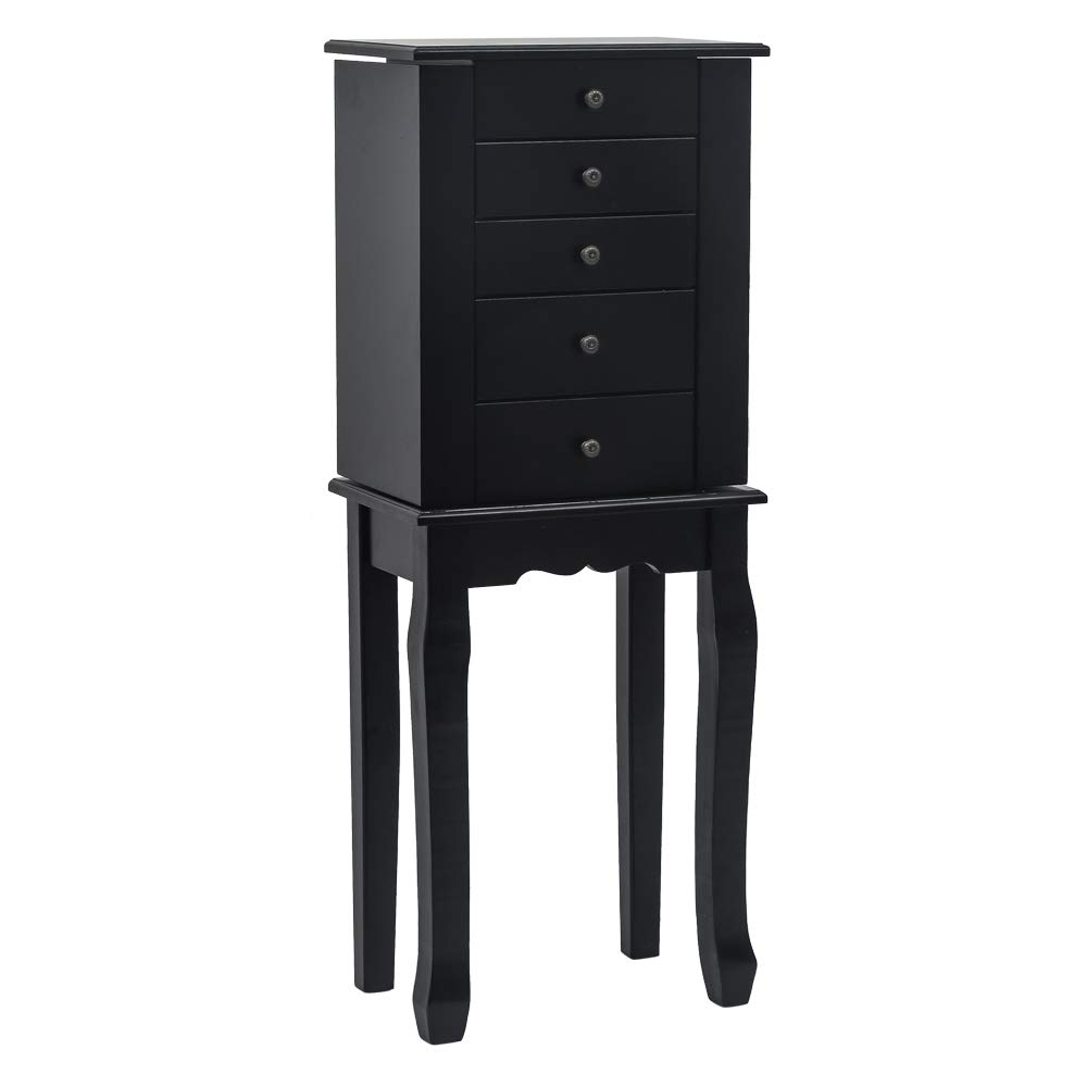 Elegant Jewelry Armoire with Mirror - 5 Drawers & 6 Necklace Hooks, Standing Jewelry Storage Cabinet with Top Organizer & 2 Side Swing Doors (Black) - Perfect for Bedroom, Closet & Dressing Room Organization