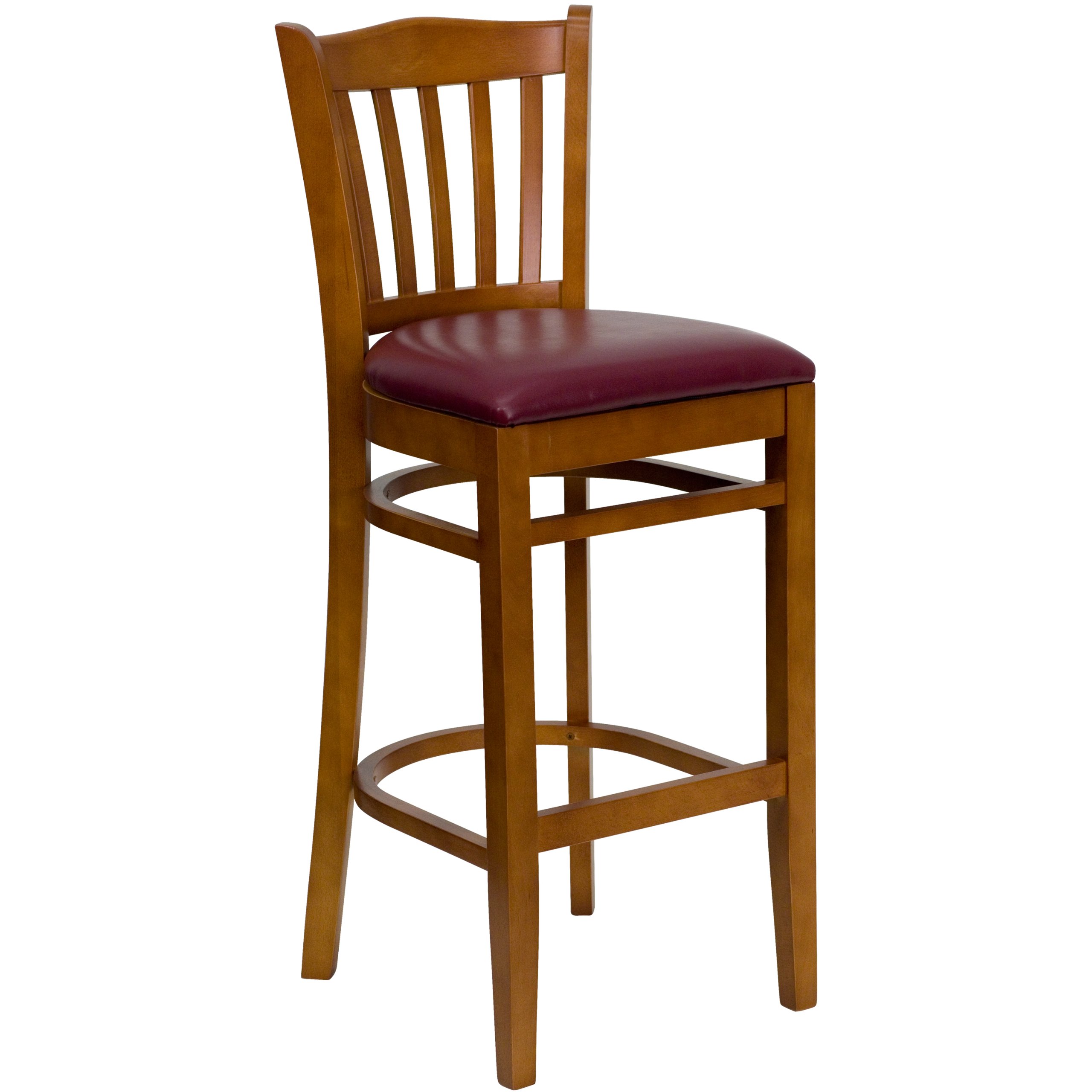 Cherry Wood Bar Stool with Vertical Slat Back & Burgundy Vinyl Seat - Perfect for Kitchen Islands, Breakfast Bars & Home Decor
