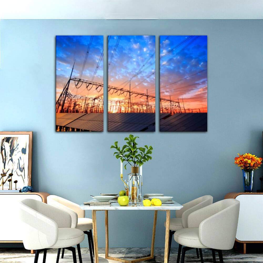Blaverr 3-Panel Modern Wall Art - Solar Photovoltaic Panels & Substations Evening Landscape Canvas Prints for Home Decor | Living Room, Bedroom, Office Ready-to-Hang Painting Set | Perfect for Contemporary Interior Design & Gift Giving