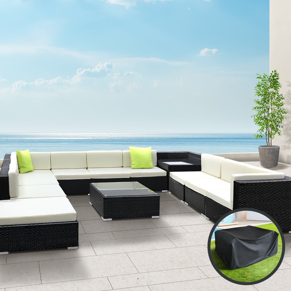 12-Piece Beige Wicker Outdoor Lounge Set with Storage Cover - Perfect for Patio, Garden, Poolside & Backyard Relaxation