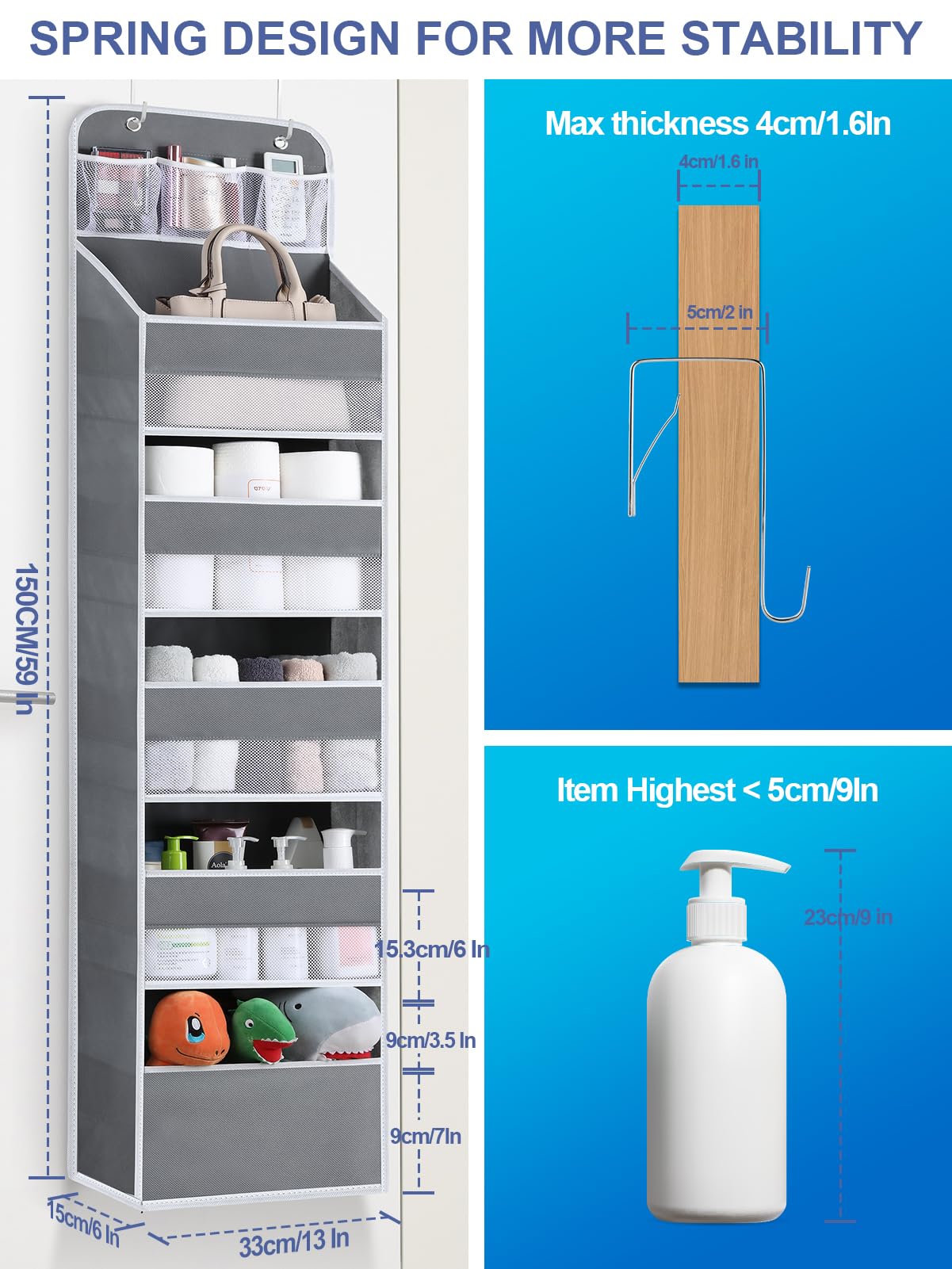 Over the Door Organizer with 6 Shelves & 8 Large Pockets - Space Saving Hanging Storage for Pantry, Nursery, Bathroom, Bedroom, Kitchen, Dorm & RV - Perfect for Organizing Toiletries, Toys, Spices & More (1 Pack)