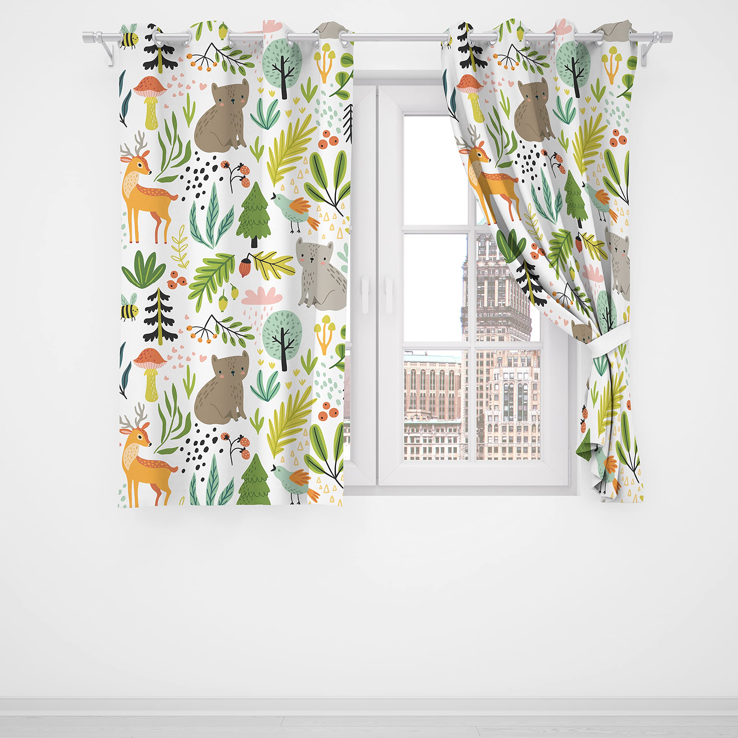 Blackout Curtains for Kids Room - Forest Theme with Wild Animals, Plants & Trees - 52x84 Inches (132x213cm) - Perfect for Bedroom, Nursery & Living Room Decor - Blocks Light for Better Sleep & Privacy