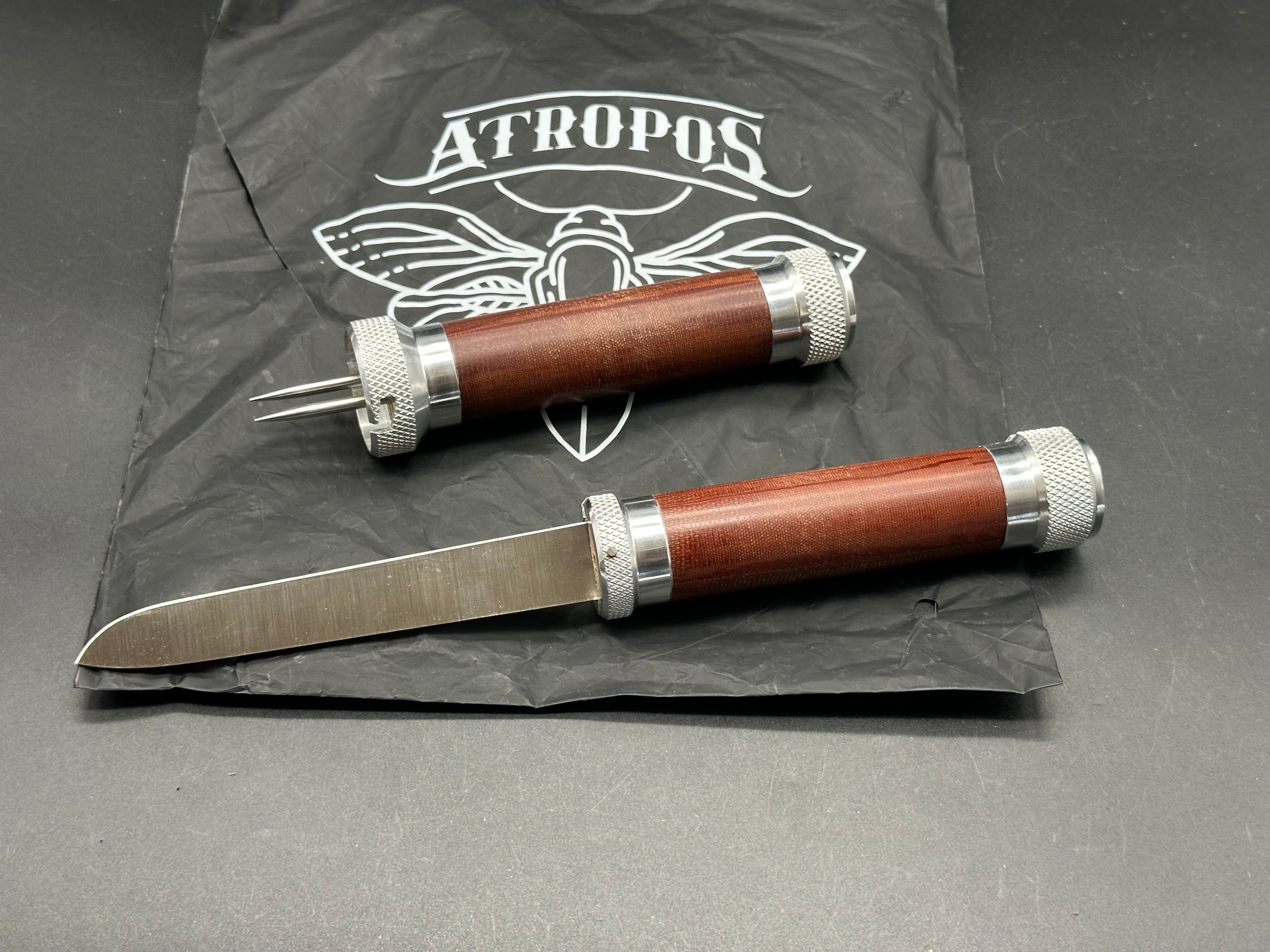 Atropos Knife Fortel Fisherman - Aluminum Screw Latch Bolster with Wood & Russian Micarta Handle - Premium Folding Pocket Knife for Fishing, Camping, and Outdoor Adventures