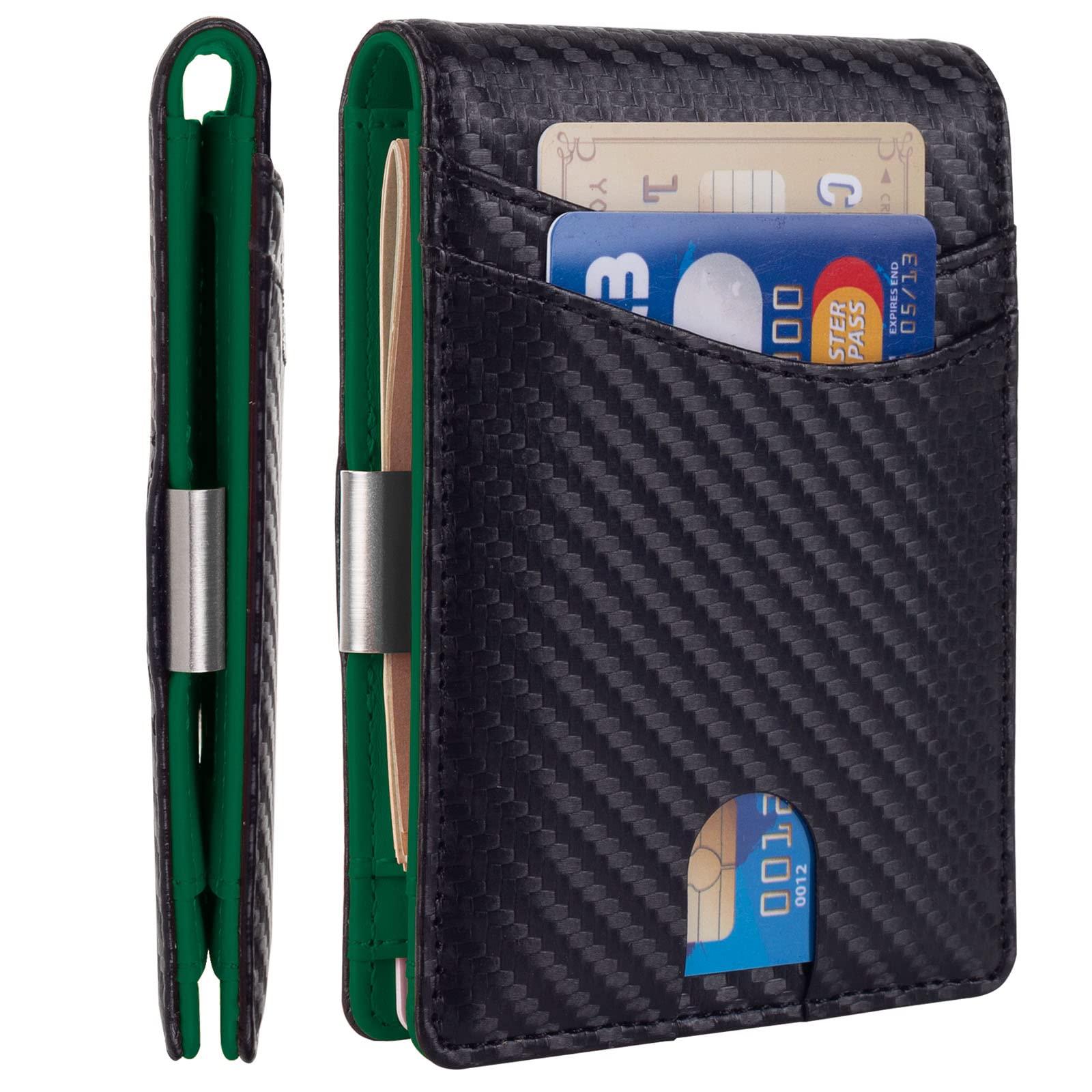 Minimalist Slim Wallet for Men - Premium Leather RFID Blocking Bifold Wallet with Money Clip | Front Pocket Wallet for Everyday Use & Travel (Black, Dark Green)
