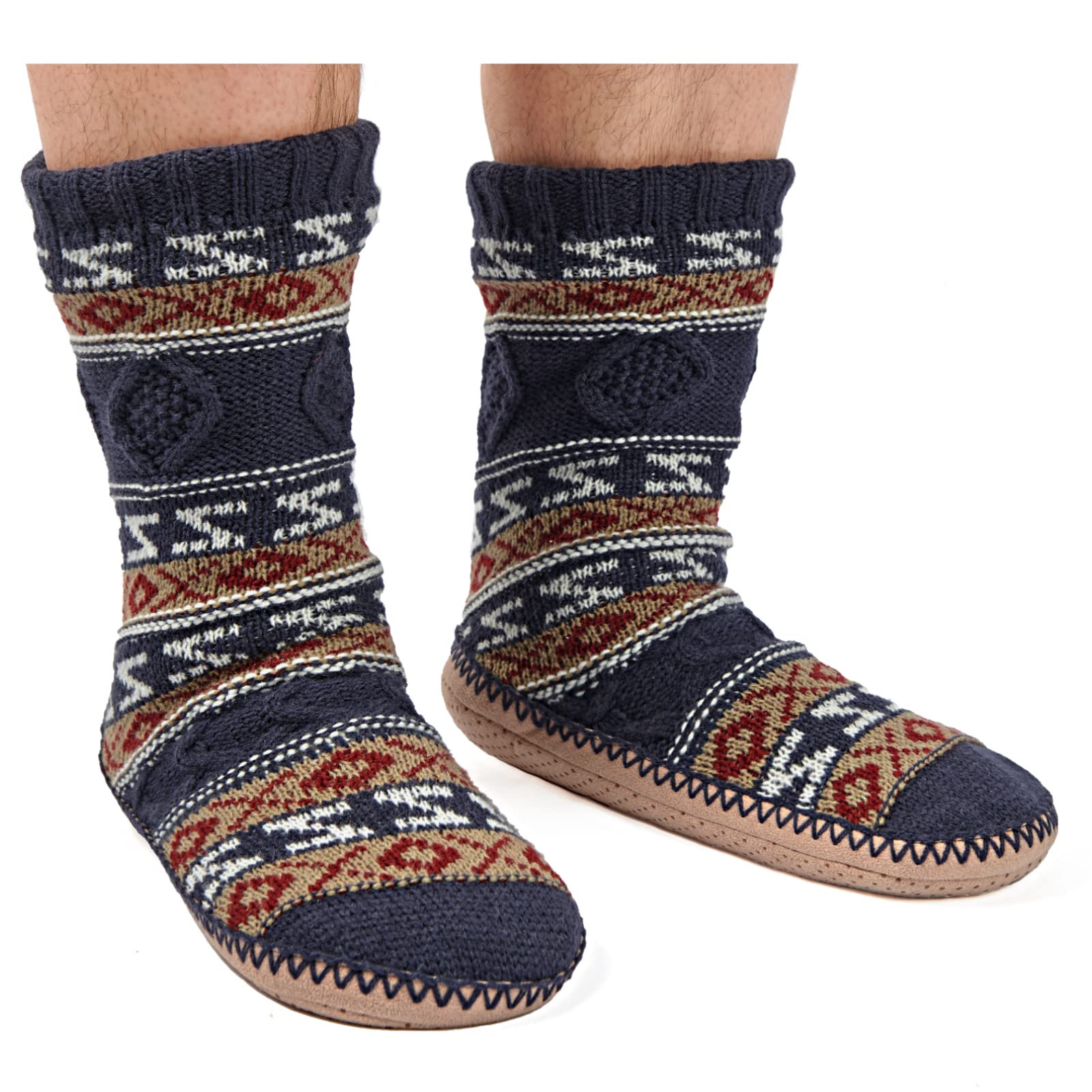Men's Warm Winter Cable Knit Slipper Socks - Non-Skid Cozy Indoor Socks with Fluffy Sherpa Lining for Home, Lounge & Cold Weather Comfort