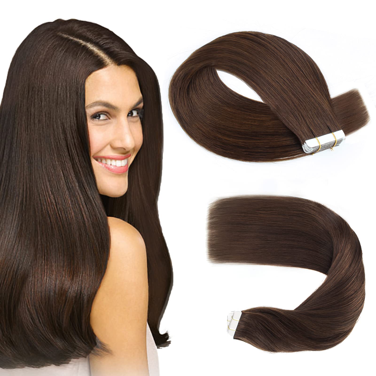 20 Inch Dark Brown Remy Human Hair Tape in Extensions - Long Straight Invisible Skin Weft, 50g Semi-Permanent (20 Pieces, #2) for Natural Volume & Length - Perfect for Weddings, Parties & Daily Styling