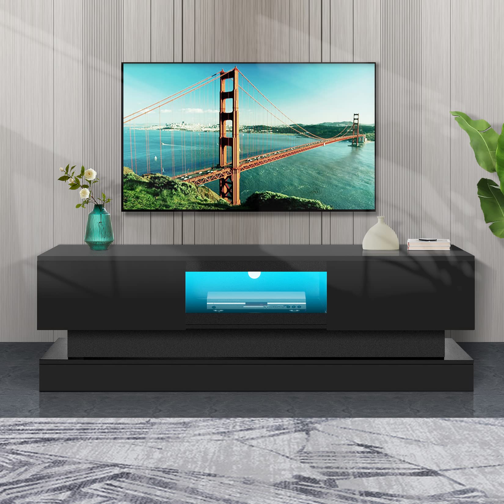 1.3M Modern High Gloss TV Stand with LED Lights - 2-Drawer Entertainment Center Media Console for 55 Inch TV, Black | Living Room Storage Cabinet with 16-Color Lighting for Home Theater Setup