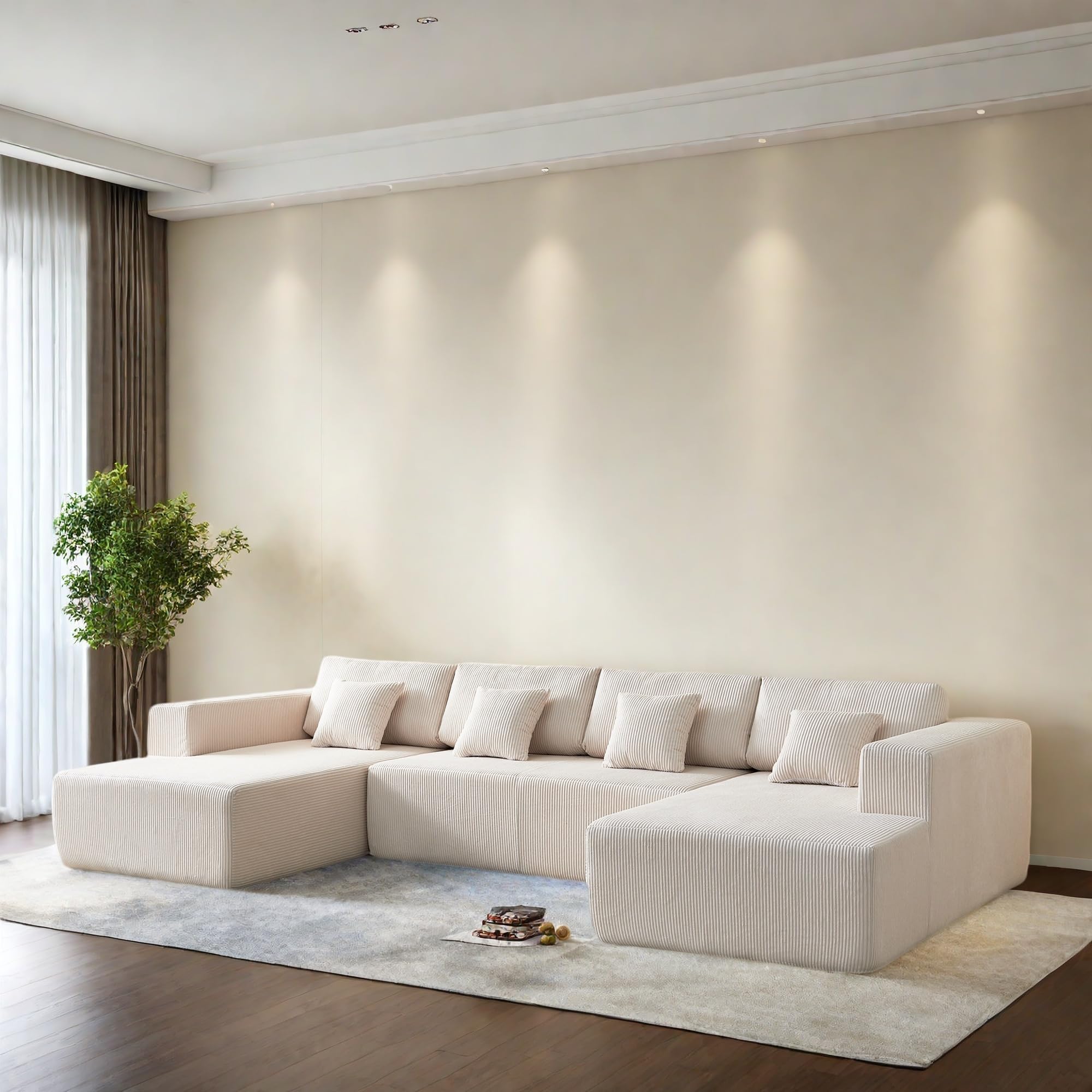 Luxury U-Shaped Sectional Sofa Set with Plush Corduroy Fabric & Reversible Chaise - 4-Seater Comfort Couch with Supportive Backrests for Living Room, Apartment - Perfect for Family Gatherings & Movie Nights (White)