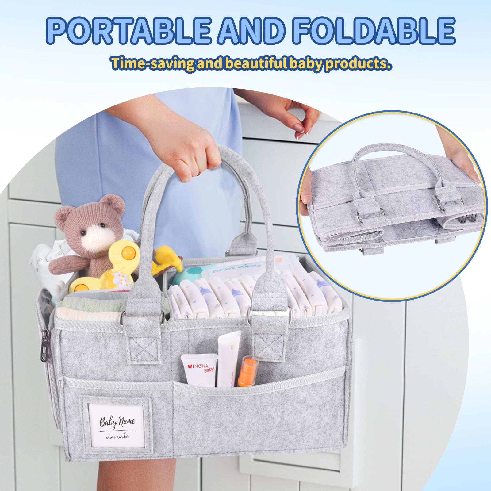 Portable Diaper Caddy Organizer with Handle - Nursery Storage Basket & Felt Car Organizer for Baby Essentials | Perfect for Changing Table, Nursery Organization & On-the-Go Diaper Storage | Ideal Baby Shower Gift