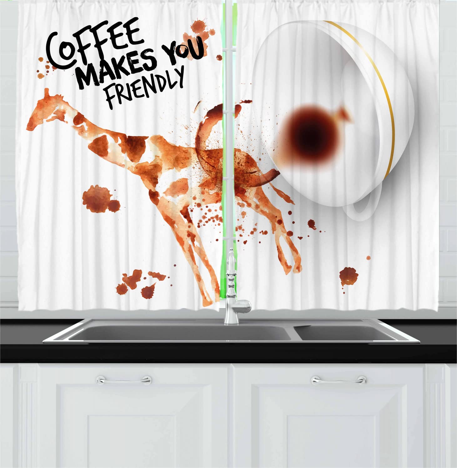 Ambesonne Coffee Art Long Kitchen Curtains - Giraffe Print Brown Orange Black Drapes (Set of 2 Panels, 55