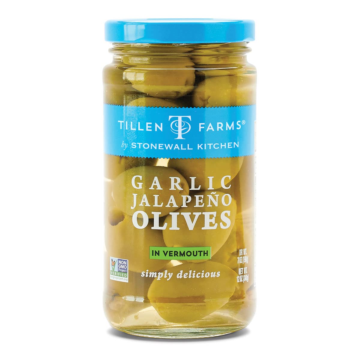 Tillen Farms Garlic Jalapeno Stuffed Olives - 12 oz Jar | Spicy Gourmet Snack for Charcuterie Boards, Cocktails & Mediterranean Recipes