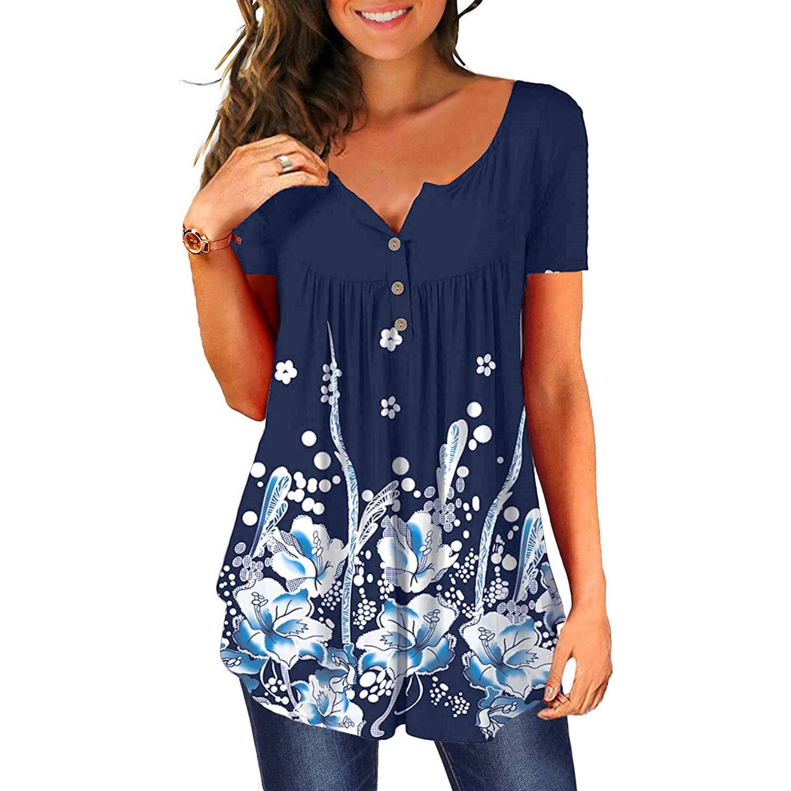 Plus Size Women's Summer Casual Tie Dye Short Sleeve V-Neck T-Shirt - Ombre Gradient Loose Blouse Tunic in White | Trendy Clearance Tops for Women | Perfect for Beach Outings, Summer Vacations & Casual Everyday Wear
