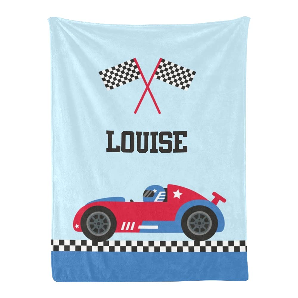 Custom Personalized Blue Racing Car Baby Blanket with Name for Boys & Girls - 30x40 Inch Soft Swaddle Receiving Blanket for Newborn Nursery Gifts | Perfect for Baby Showers, Christenings & First Birthday Presents