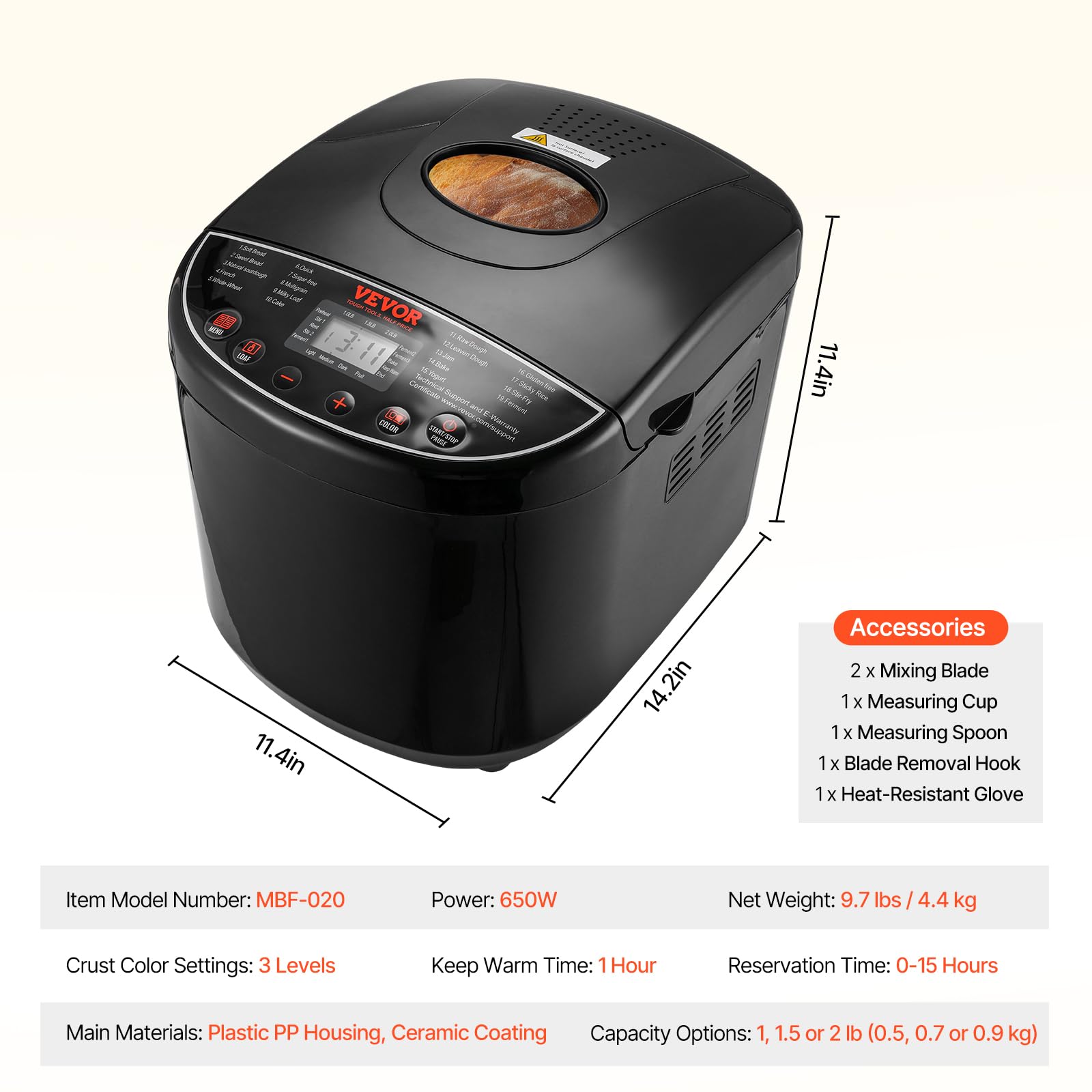 VEVOR 2LB Automatic Bread Maker Machine - 19-in-1 Programmable Breadmaker with Gluten-Free Setting, Whole Wheat & Dough Function, Digital Display, Nonstick Ceramic Pan (3 Loaf Sizes & 3 Crust Colors) - Perfect for Home Baking, Family Breakfast & Healthy Gluten-Free Diet