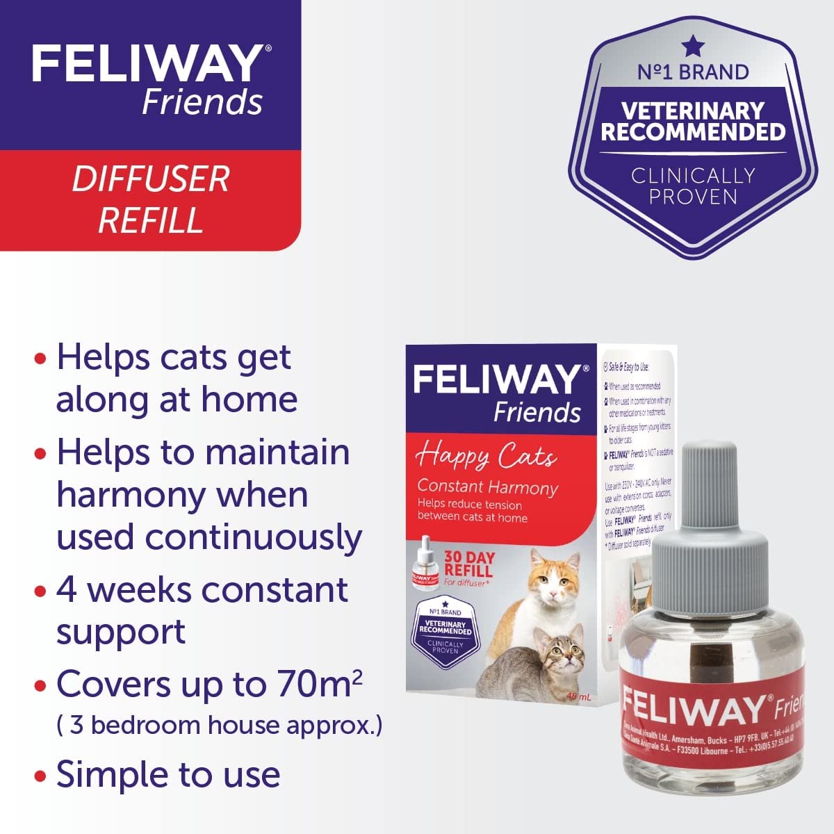 Feliway Friends 30 Day Refill 48ml - Cat Anxiety Relief Pheromone Diffuser for Multi-Cat Homes | Reduce Stress & Conflict Between Cats | Perfect for Calming Nervous Cats During Vet Visits, Travel, or Home Changes
