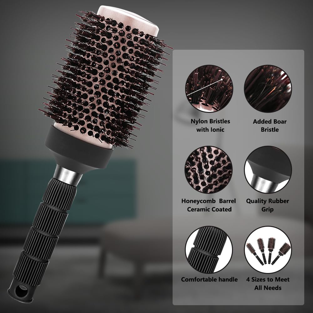Aozzy Round Brush Set - 4 Sizes Boar Bristle Blow Dry Brush for Curling, Straightening & Styling | Nano Thermal Barrel Hair Brush for Women | Perfect for Salon-Quality Blowouts at Home