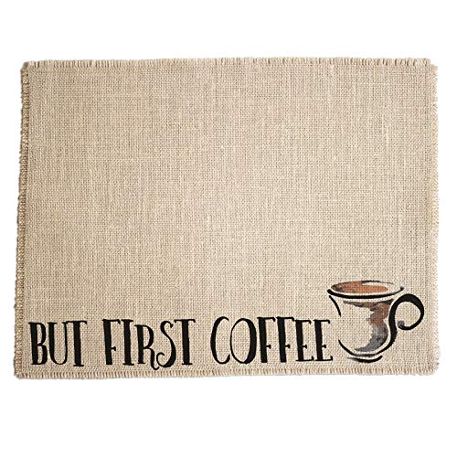 Premium Coffee Maker Mat for Espresso Machines & Drip Coffee Makers - Natural Burlap Coffee Bar Placemat with Non-Slip Backing | Coffee Station Accessories for Home & Office | Made in USA (But First Coffee) | Perfect for Kitchen Countertops, Coffee Shops & Office Break Rooms