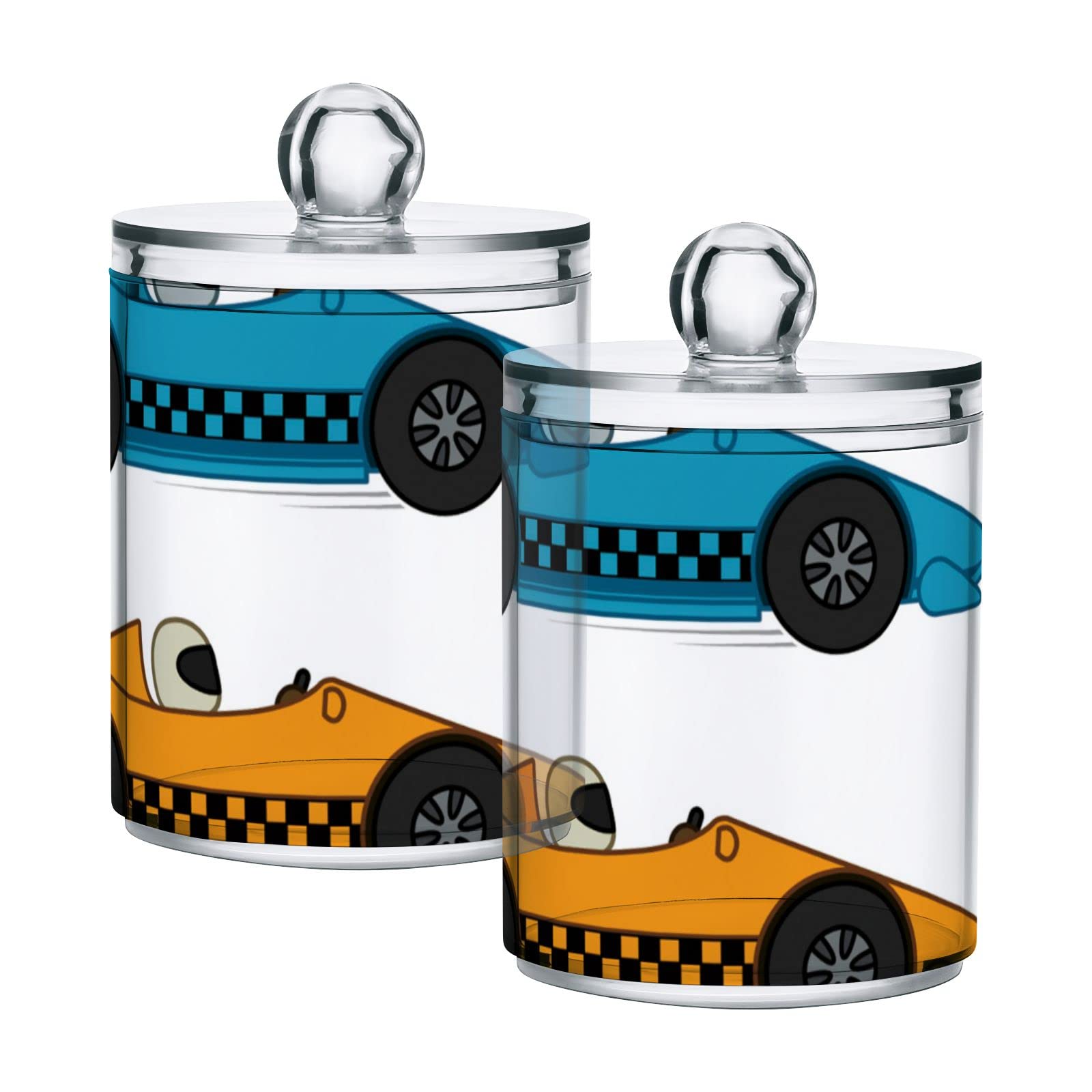 Orange Blue Red Racing Cars Checker Plaid Grid Plastic Storage Jars with Lids (Set of 4) - 10 oz Translucent Food Containers for Cotton Swabs, Tea, Cookies - Perfect for Kitchen Pantry, Bathroom Organization & Craft Storage