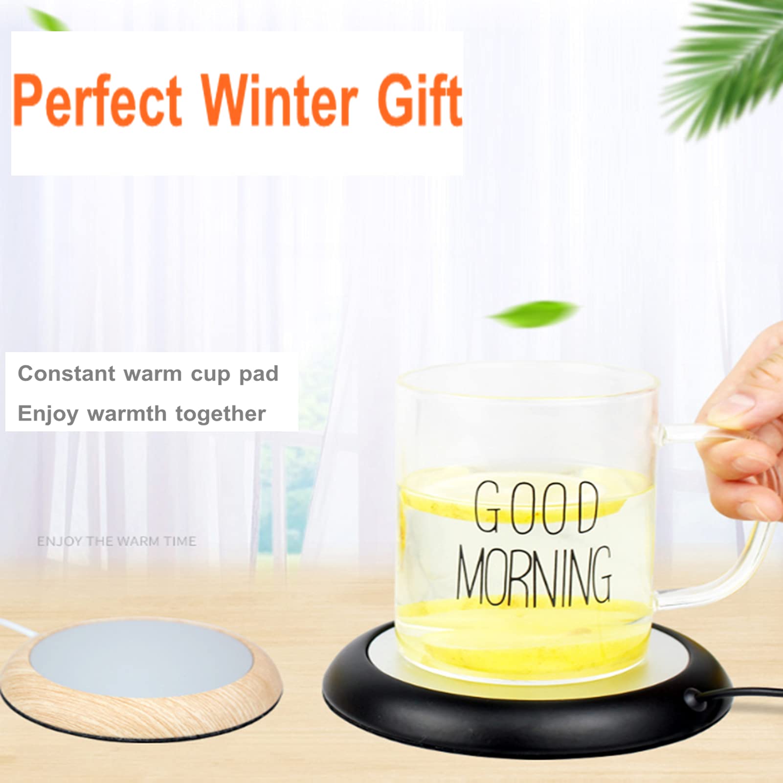 USB Coffee Mug Warmer - Wood Grain Design, Heated Drink Mat for Tea, Milk & Coffee, Office Desk Accessory with Felt Pad Coaster (Black) - Perfect for Home, Office & Gift Giving