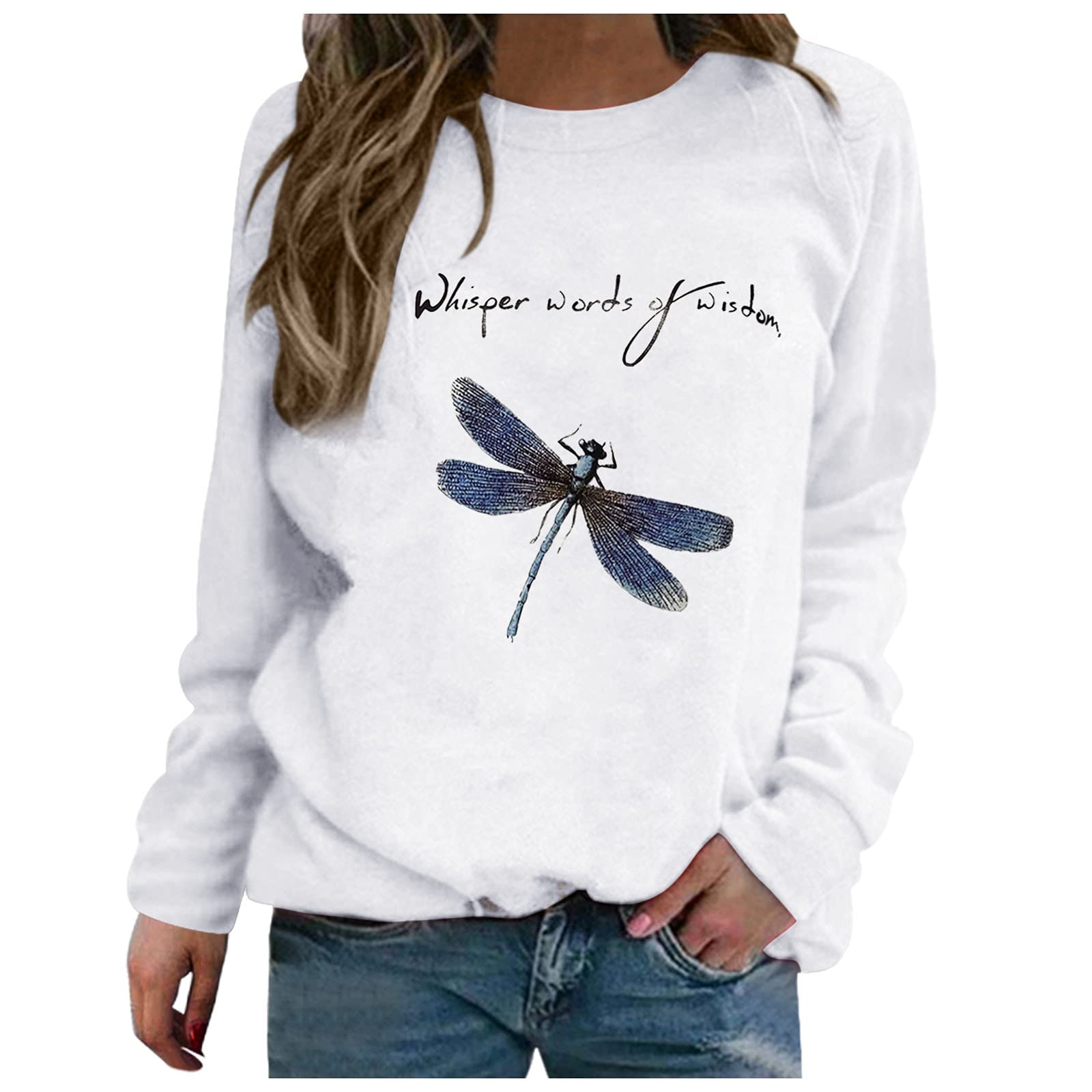 Women's Pullover Sweatshirt - Cute Dragonfly & Letter Print Crew Neck Long Sleeve Blouse, Casual Fall Tunic Top White Tee | Perfect for Autumn Layering, Weekend Outfits & Cozy Home Wear