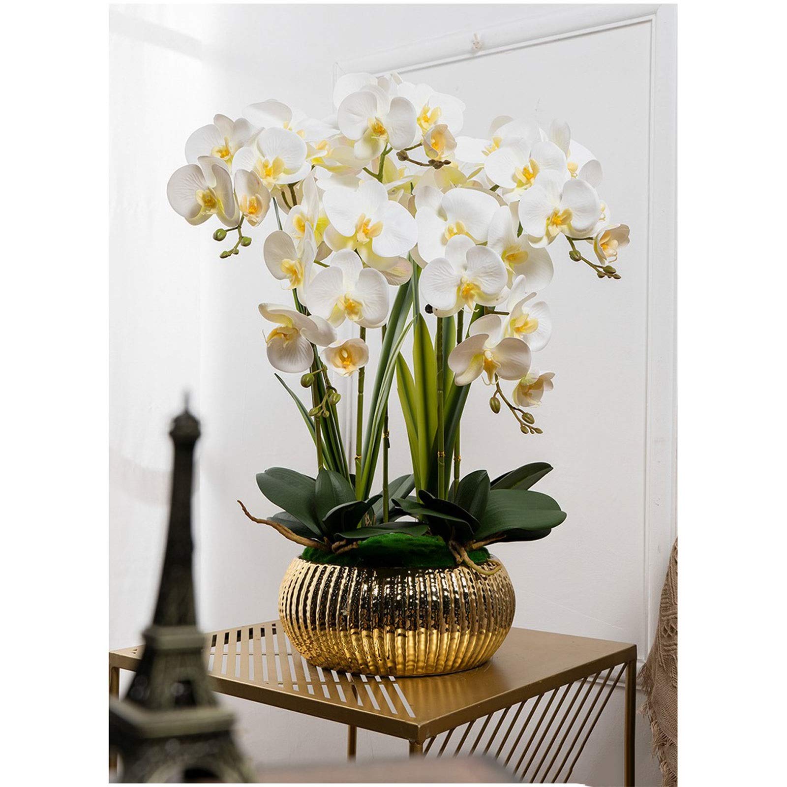 Premium Artificial Silk Phalaenopsis Orchid Flower Arrangement with Ceramic Vase - Elegant Yellow Faux Orchids for Wedding Centerpieces, Party Decor & Dining Table Decoration - Perfect for Home, Office & Event Styling