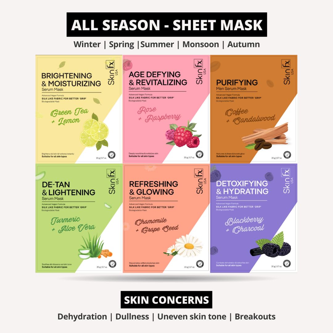 Skin Fx Anti-Aging & Purifying Facial Serum Mask for Men - 2 Pack | Hydrating & Detoxifying Treatment for Wrinkles & Blemishes | Perfect for Daily Skincare Routine & Grooming Essentials
