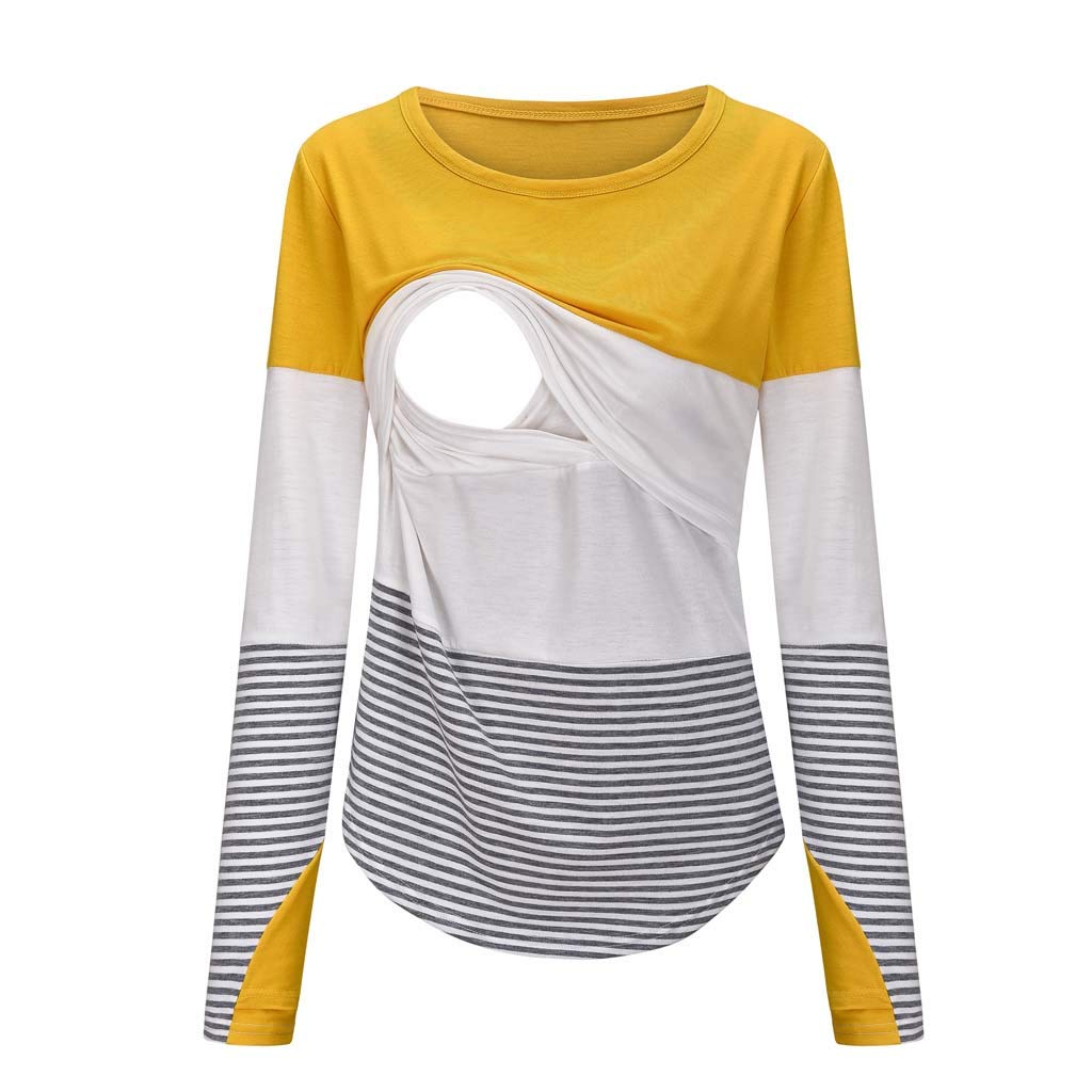 **Maternity Nursing Top for Women - Long Sleeve O-Neck Striped Blouse - Comfortable Pregnancy Shirt & Nursing Dress for Work, Casual & Breastfeeding**