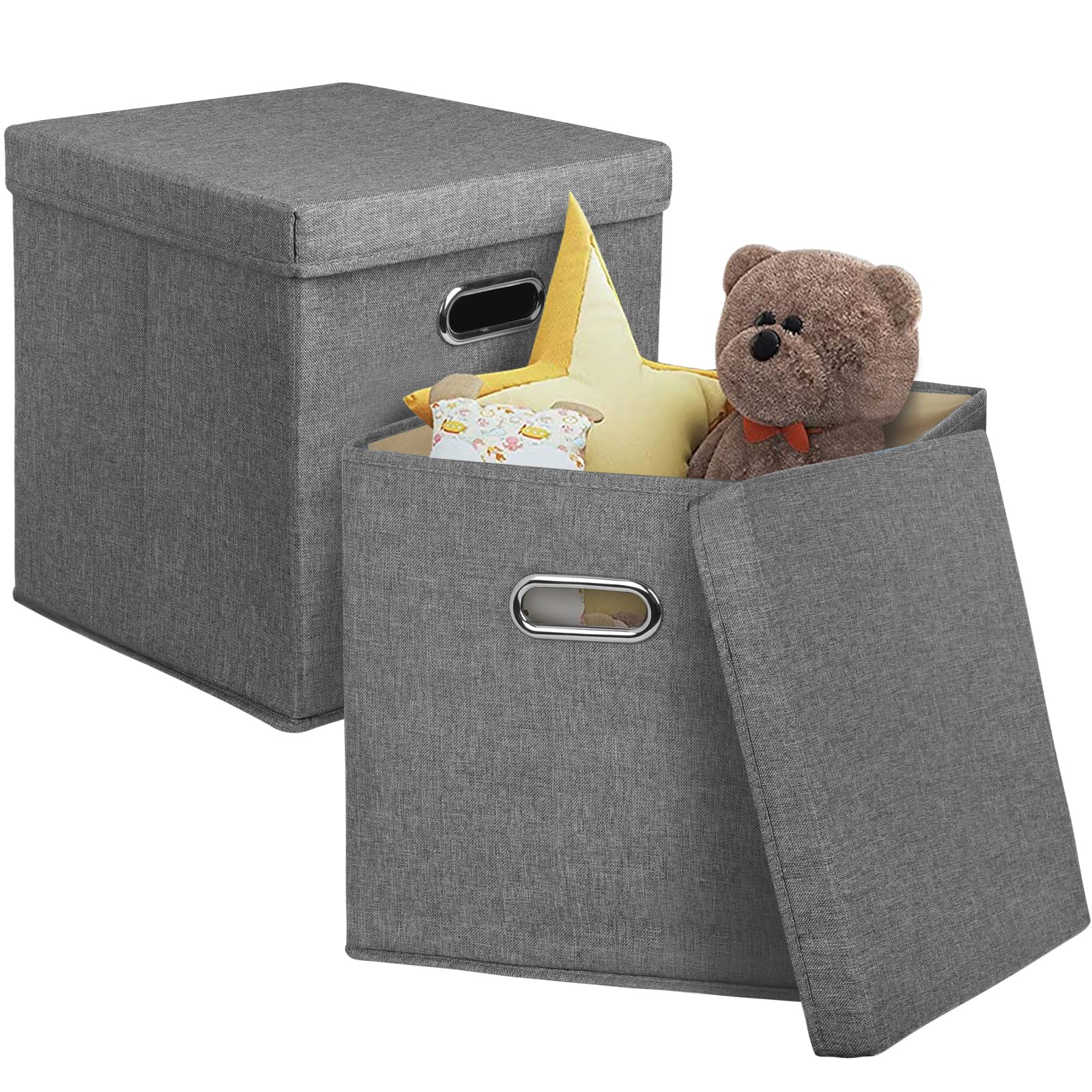 2 Pack Foldable Storage Cubes with Lids 12.6x12.6x12.6 Inches - Collapsible Fabric Organizer Bins for Closet, Shelf, Bedroom, Office & Nursery - Space Saving Home Organization Solution