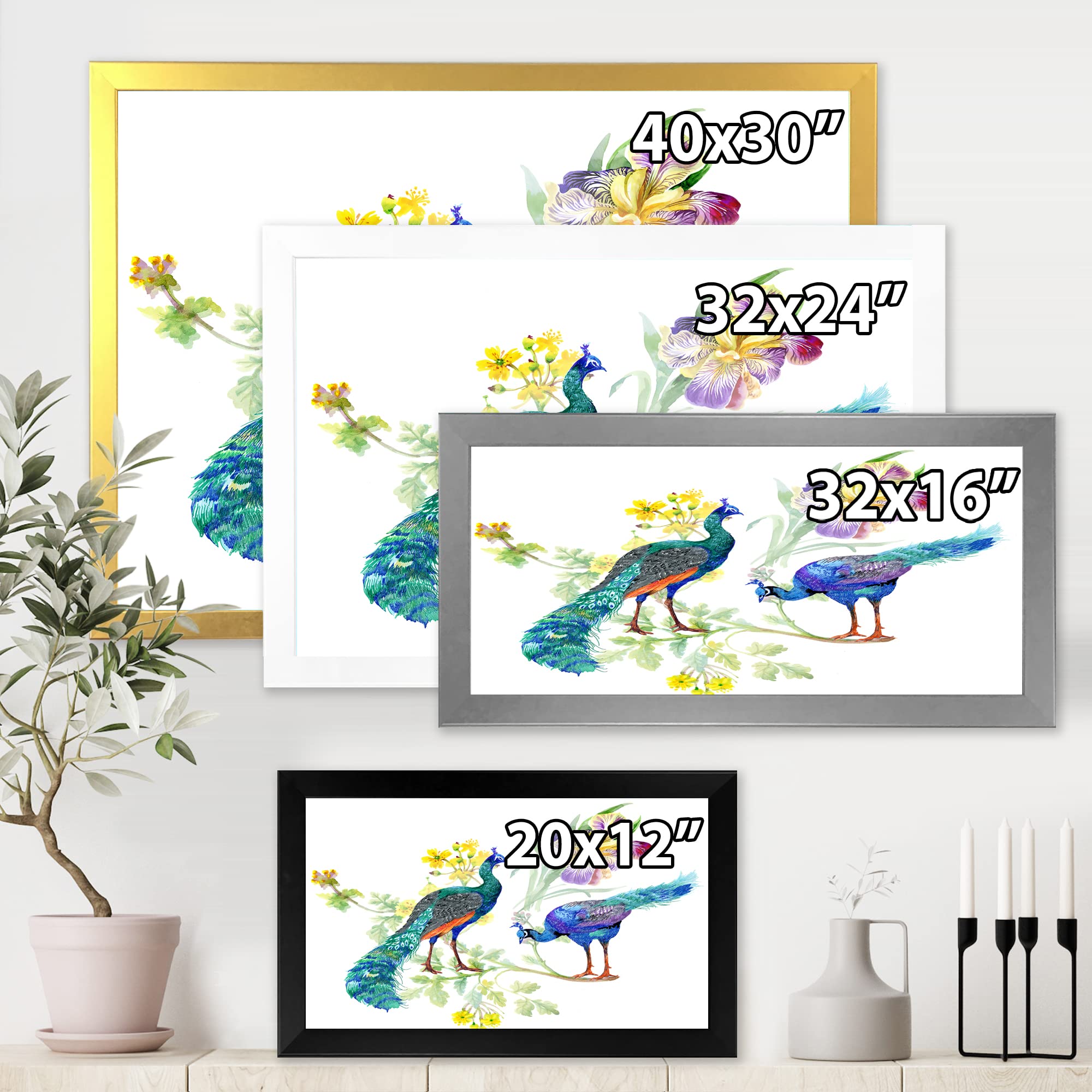 DesignQ Peacocks and Iris Flowers Traditional Framed Wall Art - Elegant Home Decor for Living Room, Bedroom & Office | Perfect Gift Idea