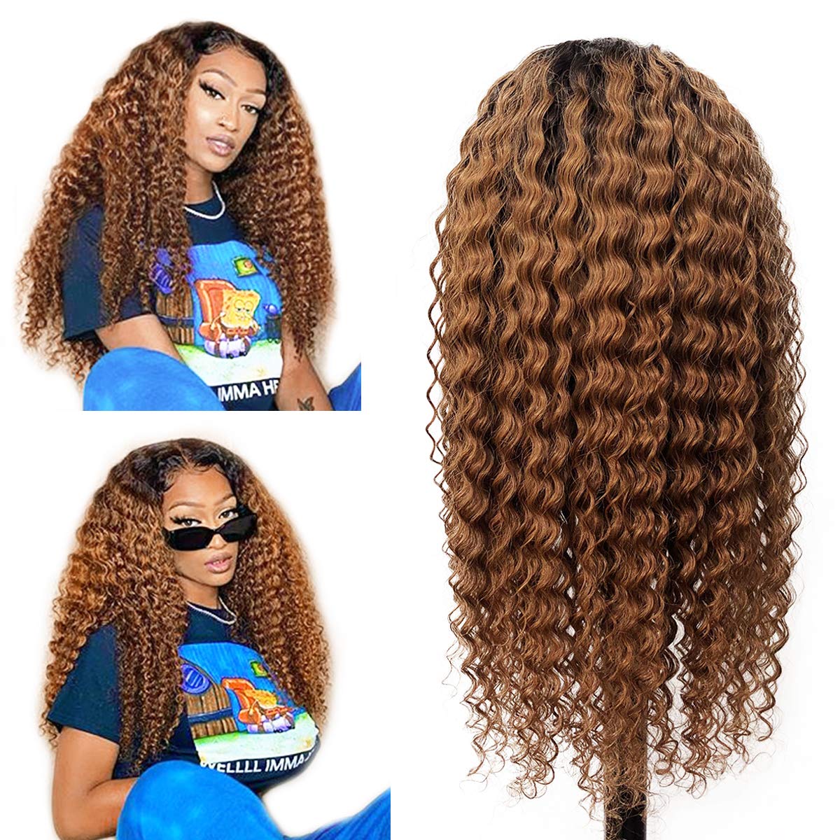 Ombre Brown Lace Front Human Hair Wigs for Black Women - Black Roots to Auburn Brown 2 Tone Deep Curly Lace Wig, Pre Plucked 13x1x6 Middle Part Hand Tied, 18 Inch 150% Density - Perfect for Daily Wear, Parties & Special Occasions