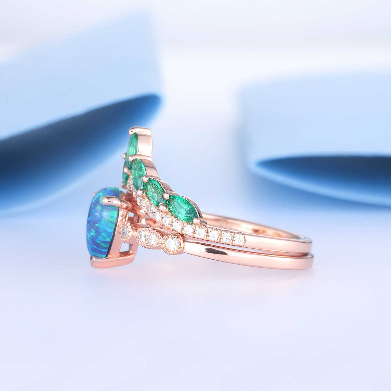 Exquisite Pear Cut Black Opal Engagement Ring with Diamond Crown & Chevron Eternity Band Set - Perfect for Proposals, Anniversaries & Special Occasions