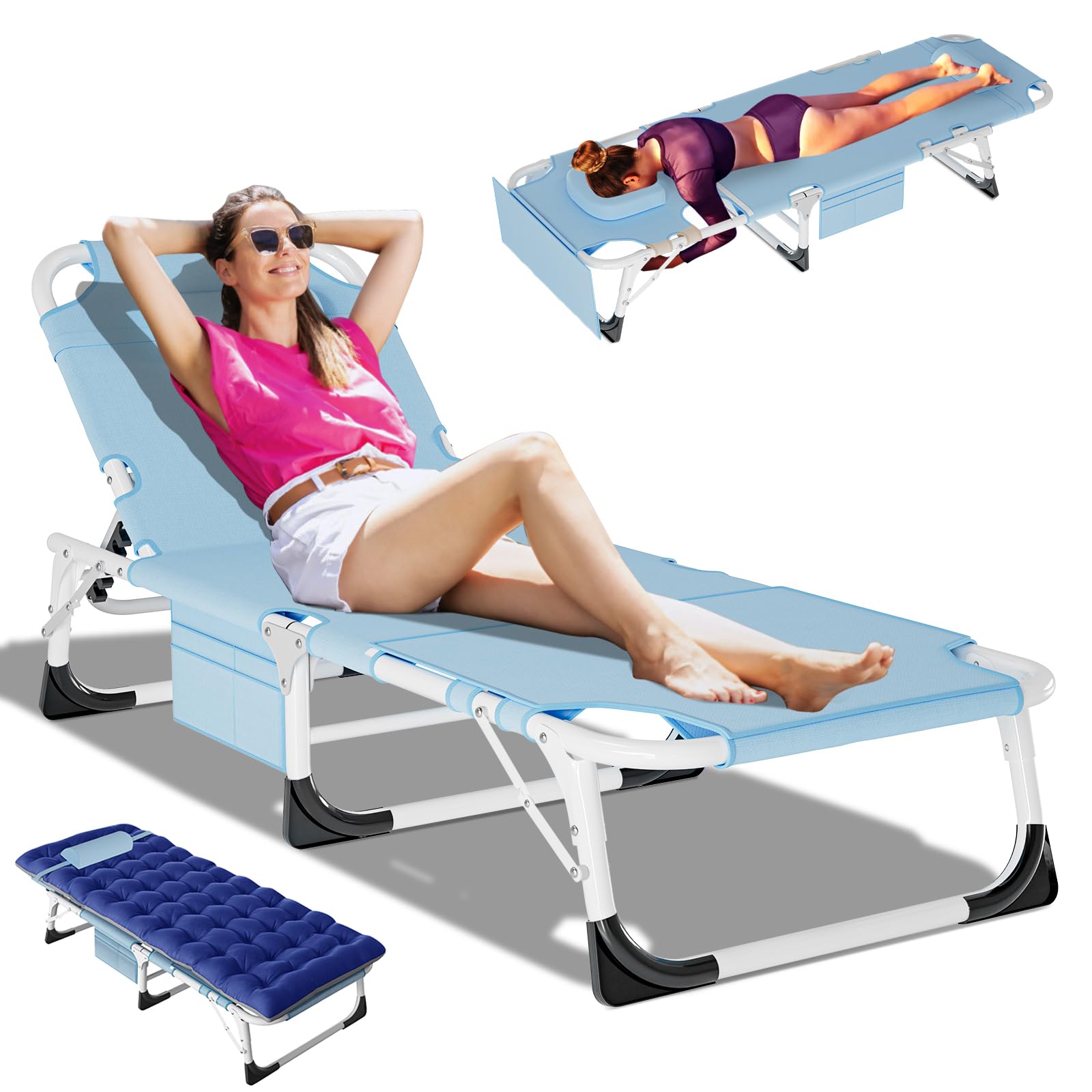 DoCred Heavy Duty Tanning Chair with Face Hole - Adjustable 5-Position Folding Chaise Lounge for Outdoor, Portable Lay Flat Beach Chair for Sunbathing, Poolside, Lawn & Camping - Perfect for Beach Relaxation, Backyard Lounging and Vacation Getaways