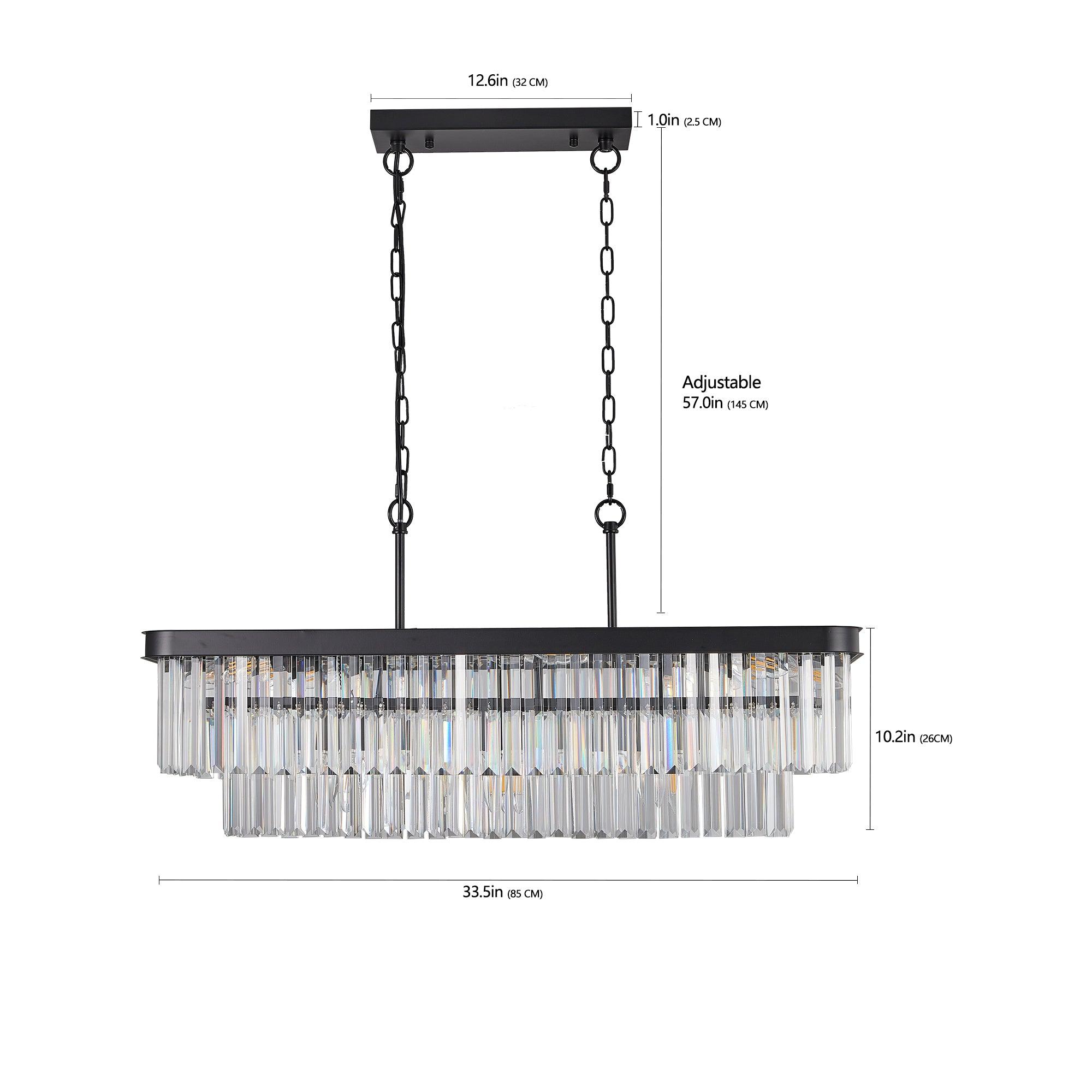 Modern Rectangular Crystal Chandelier - Adjustable E12 Industrial Farmhouse Ceiling Light with Iron Frame for Kitchen, Living Room & Bedroom | Black Finish (Bulbs Not Included) | Perfect for Dining Areas, Entryways and Home Decor