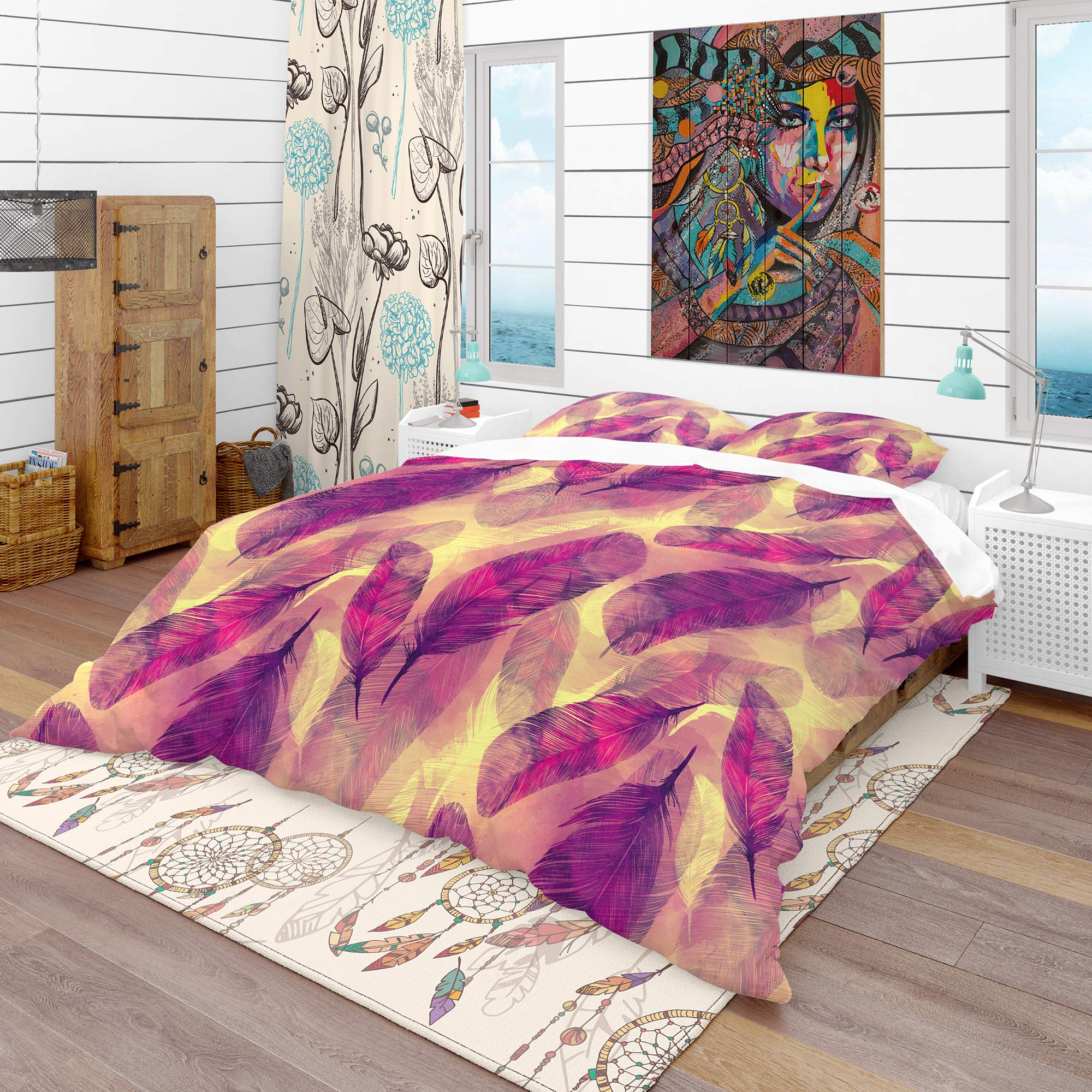 DesignQ Feathers Boho Pattern Modern & Contemporary Duvet Cover Set - King Size 3-Piece Bedding in Purple | All-Season Luxury Bedding for Bohemian & Modern Bedrooms