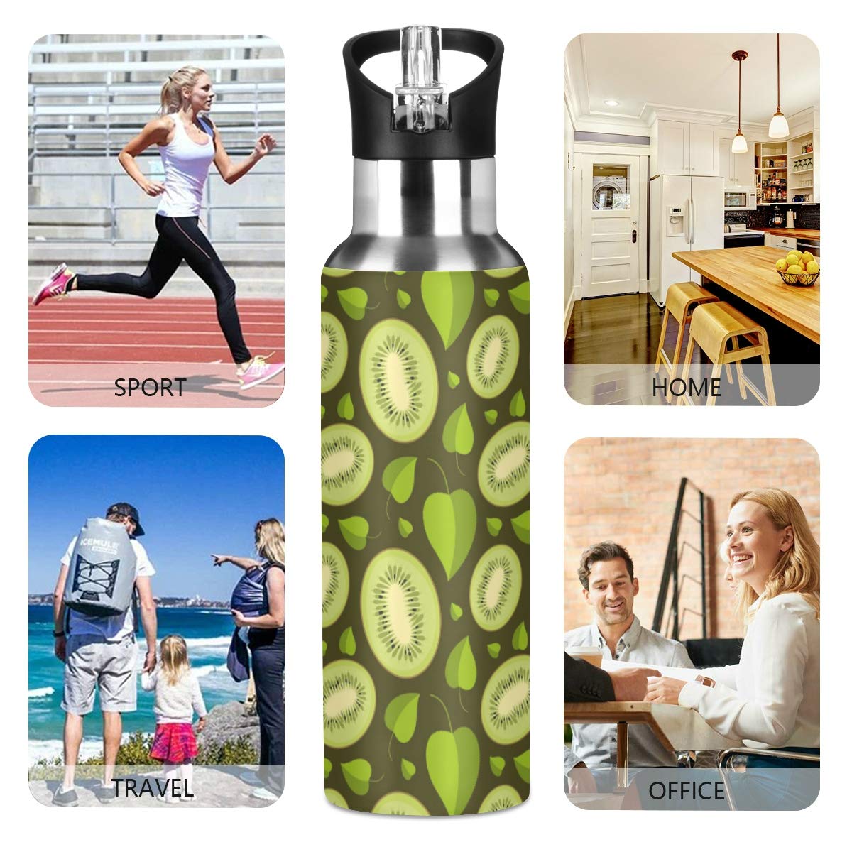 Kiwi Pattern Stainless Steel Water Bottle - 600ml (22oz) Reusable Sports Bottle for Gym, Running, Cycling & Outdoor Activities | BPA-Free, Leak-Proof Design